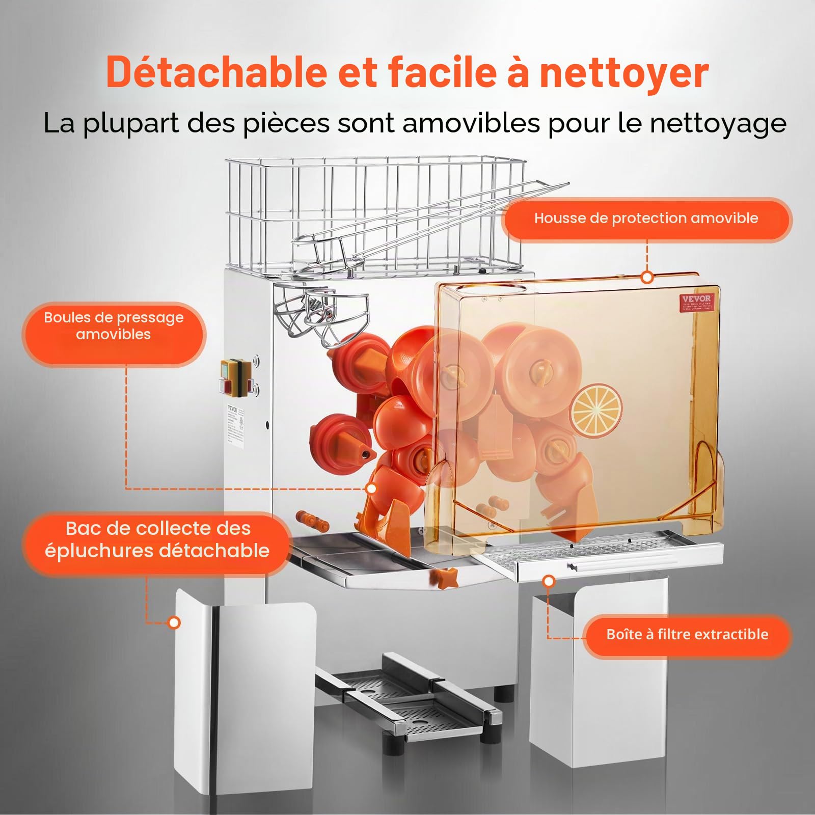 VEVOR Presse-Agrumes Électrique Commercial 120 W Extracteur de Jus Alimentation Automatique avec Filtre Extractible et Seau de Collecte d'Épluchure pour Orange Pamplemousse Restaurant Café Fruiterie