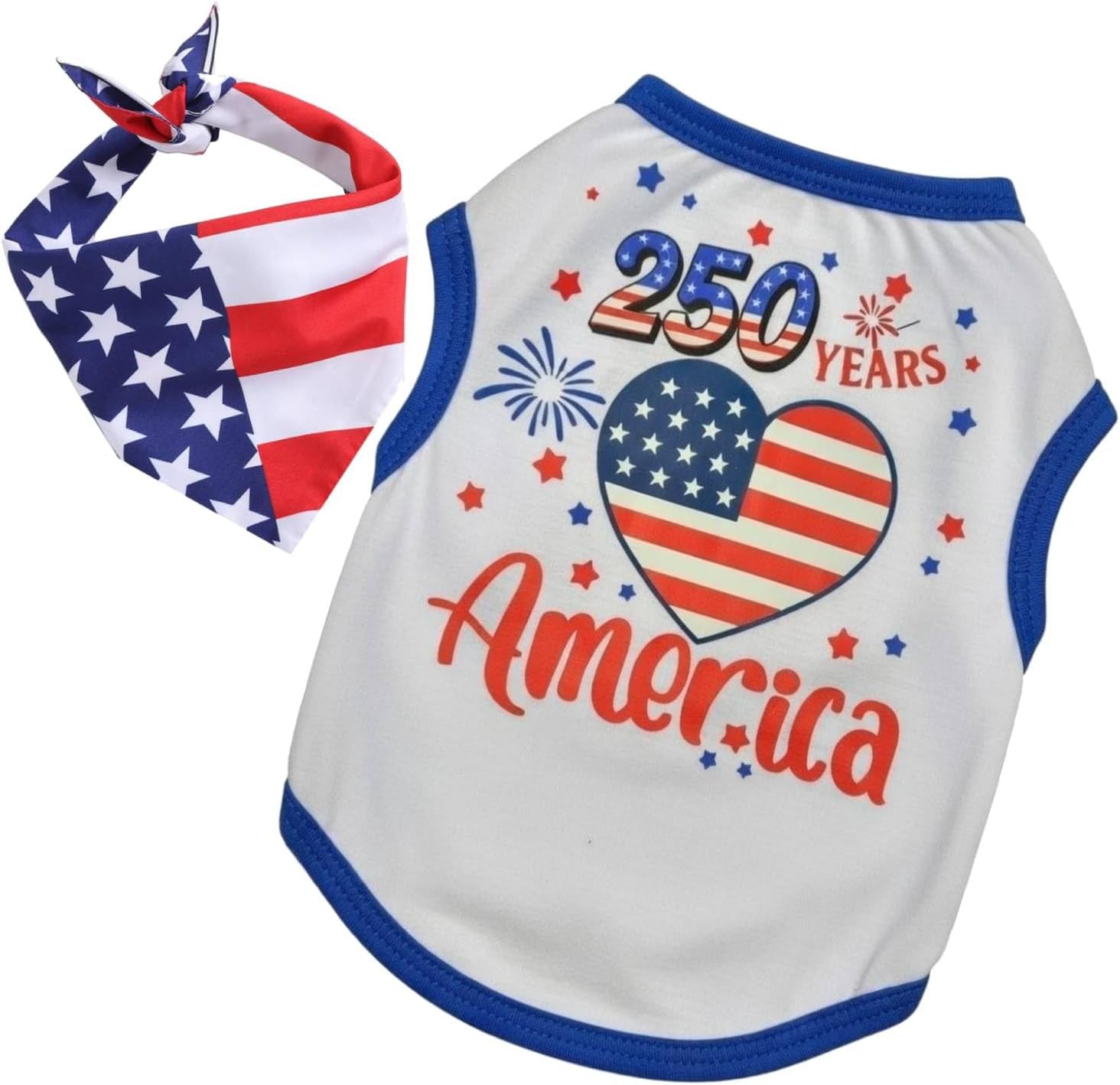 Small Dog America's 250th Anniversary 4th of July Outfit Shirt & Bandanas Pet Cat Clothes White L