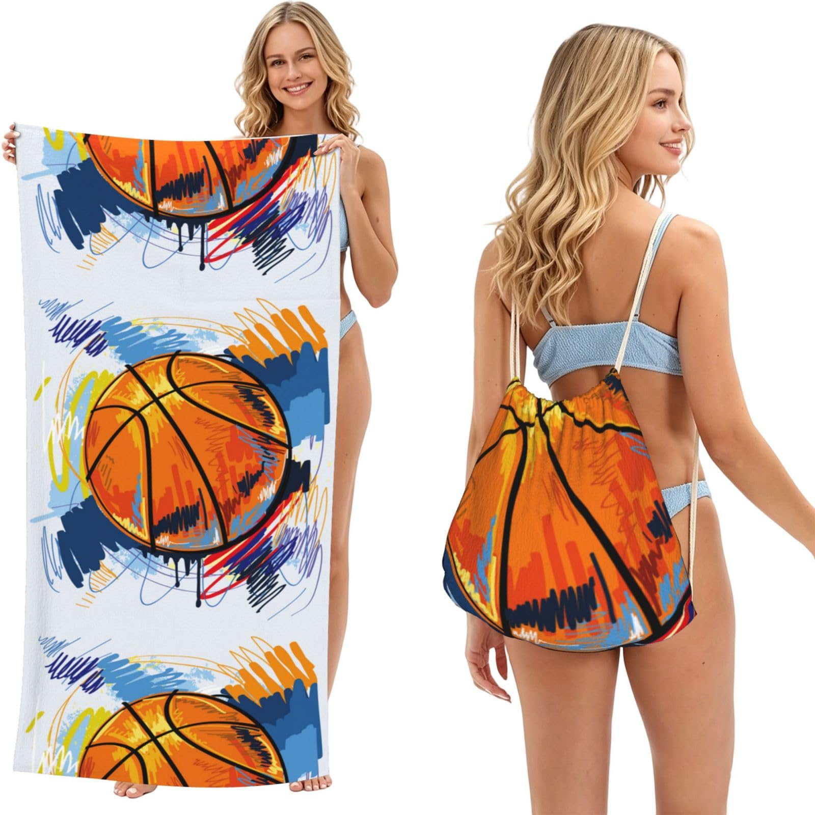 Poadnly As Picture Basketball Colorful Sketch Enjoyment Printed, 2 In 1 Packable Towel Bag, Beach Towels With Drawstring Backpack For Travel Holiday Camping