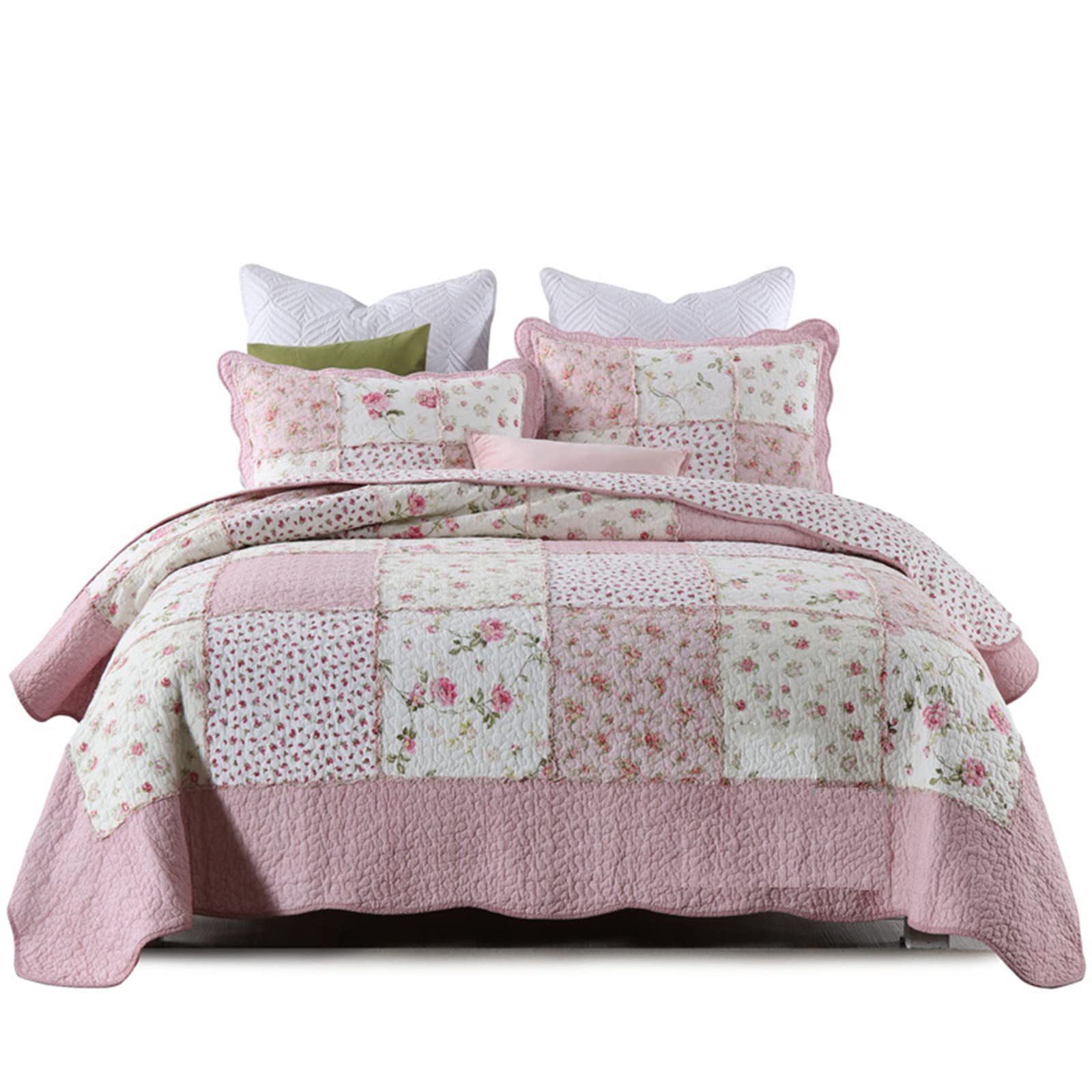 KISKIS Patchwork Colcha Acolchado Sobrecama Suave Floral Cubre Cama 230X250cm, Elegante Y Hermoso con 2 Fundas De Almohada
