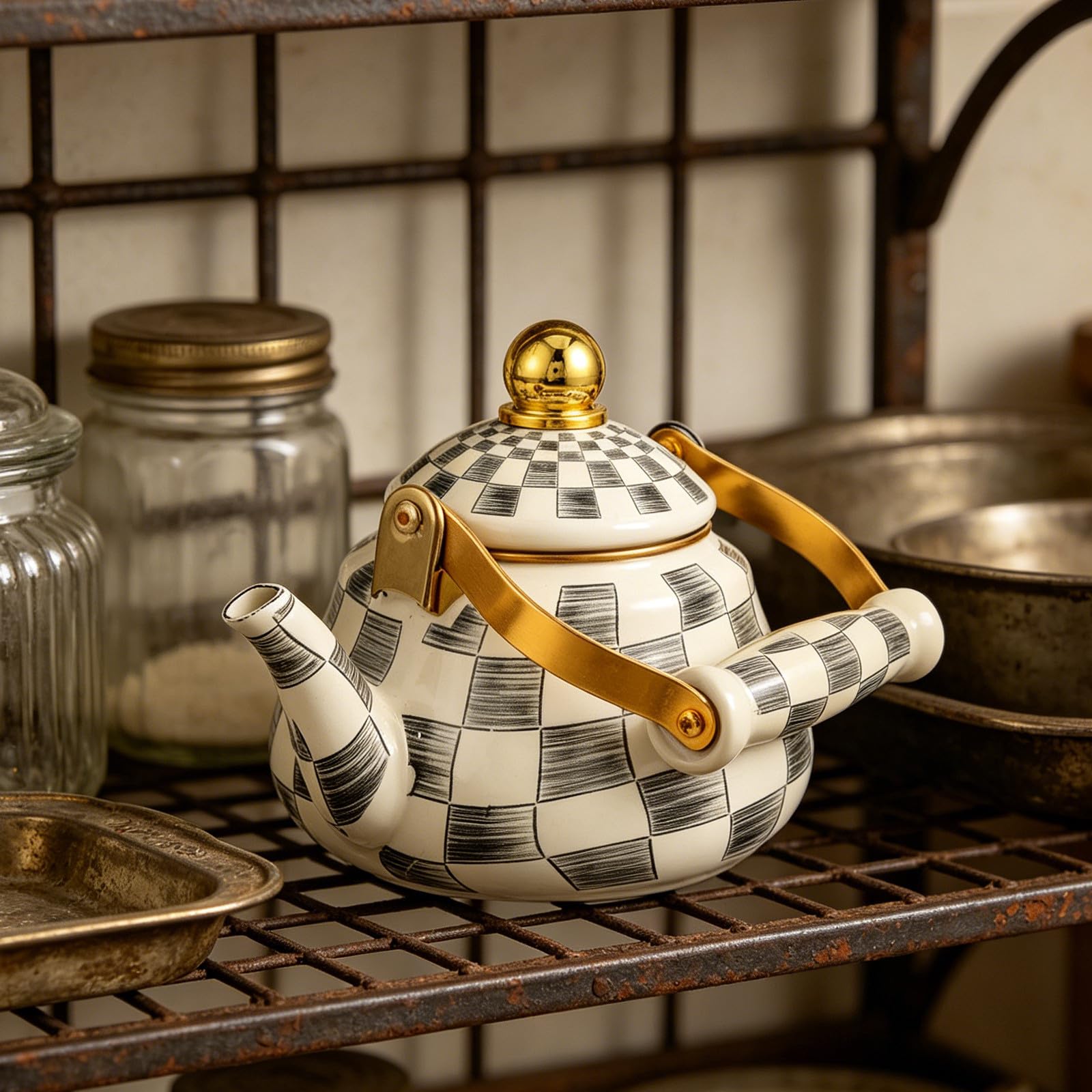 Alipis Hervidor de Agua Esmaltado Diseño Retro con Mango Dorado y Boquilla Larga Vintage con Capacidad de 1.5l Adecuado para Camping al Aire Libre y Mesa de Té