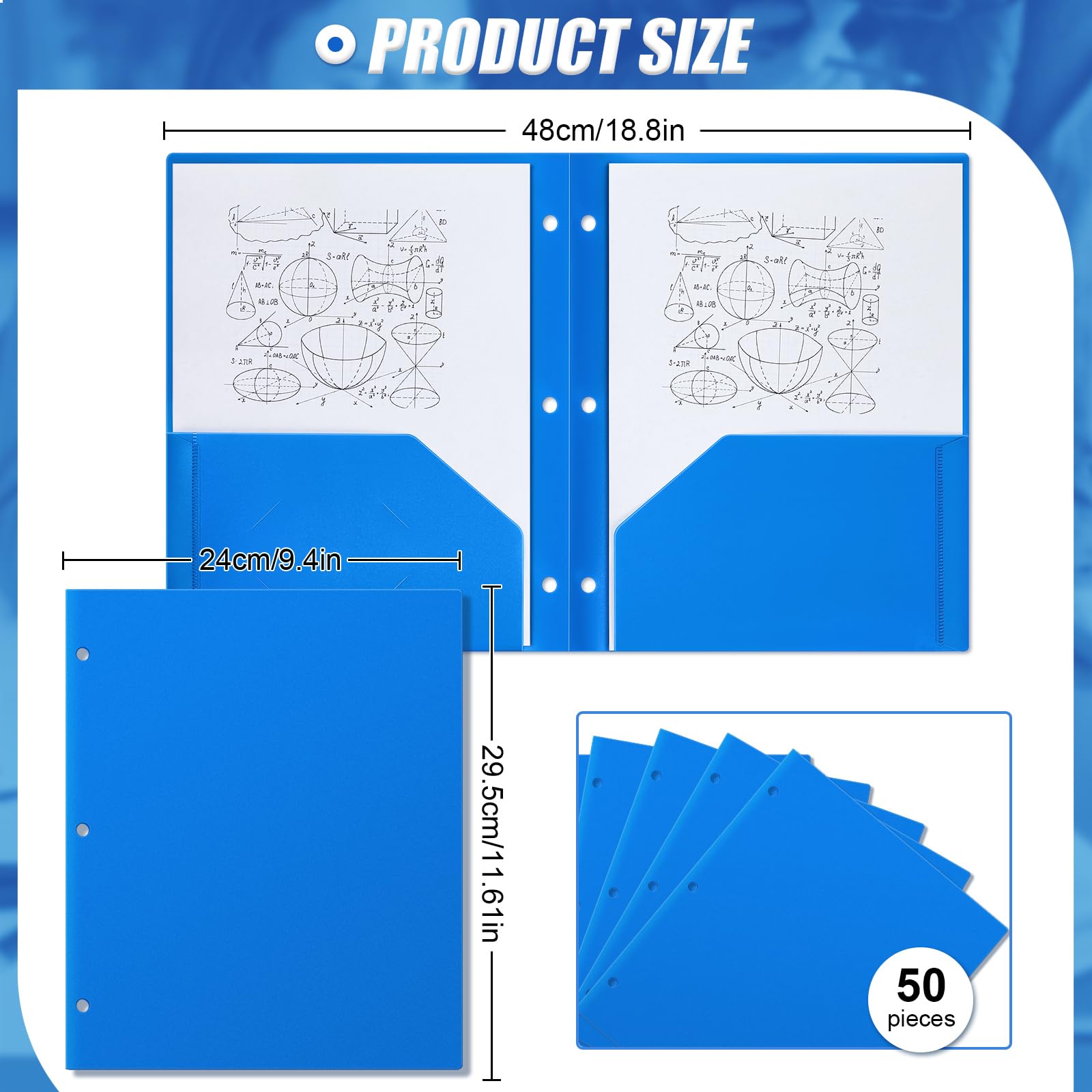 Yeaqee Lot de 50 dossiers en plastique avec poches perforées à 3 trous pour classeur à 3 anneaux pour cahiers, classeur durable pour bureau et maison (bleu)