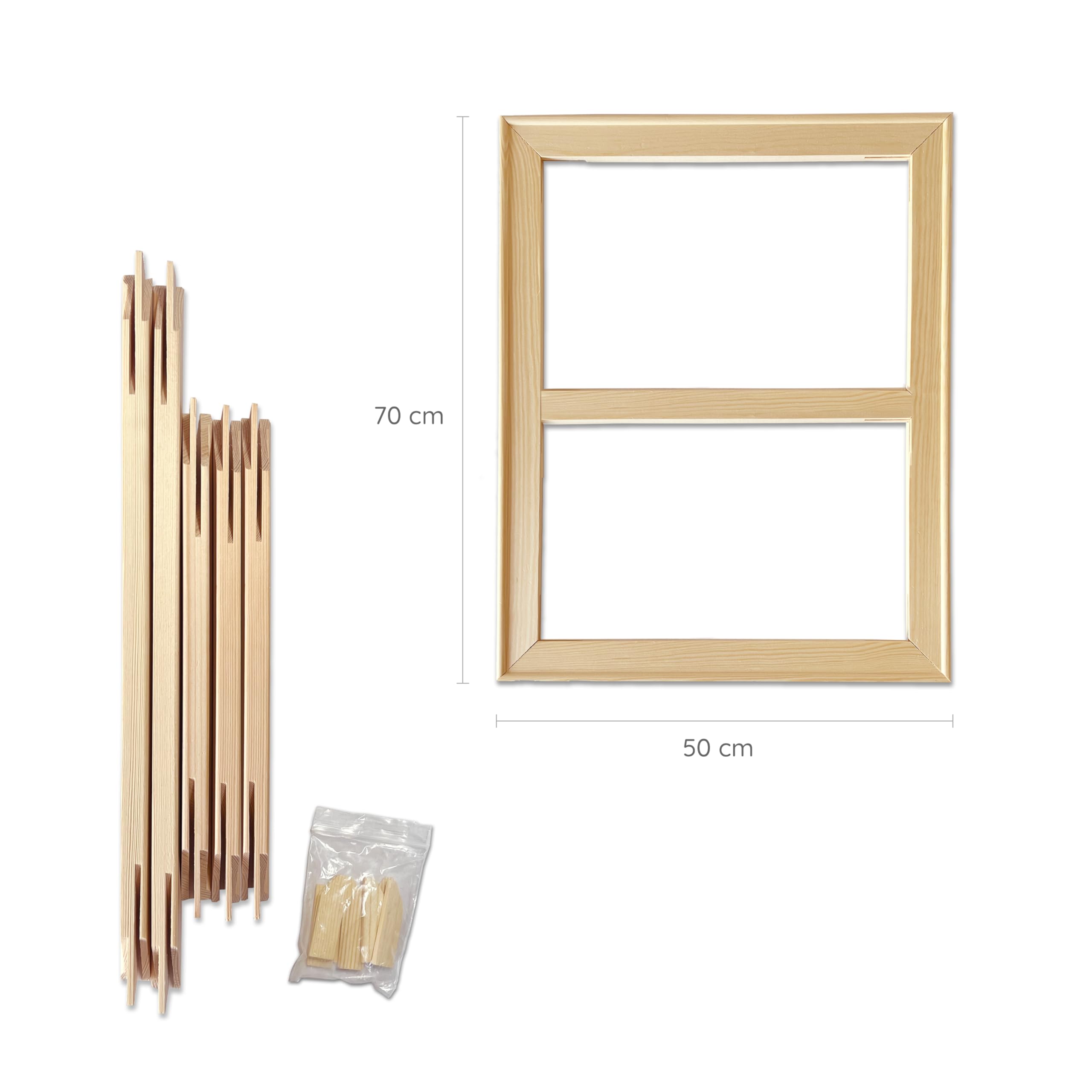 Telaio per Tela (50 x 70 cm) - Facile Montaggio e tensionamento Manuale, Include Cunei di Tensione, Robusto e Stabile, Ideale per artisti e pittori, Disponibile in Varie Dimensioni. Tela Non Inclusa.