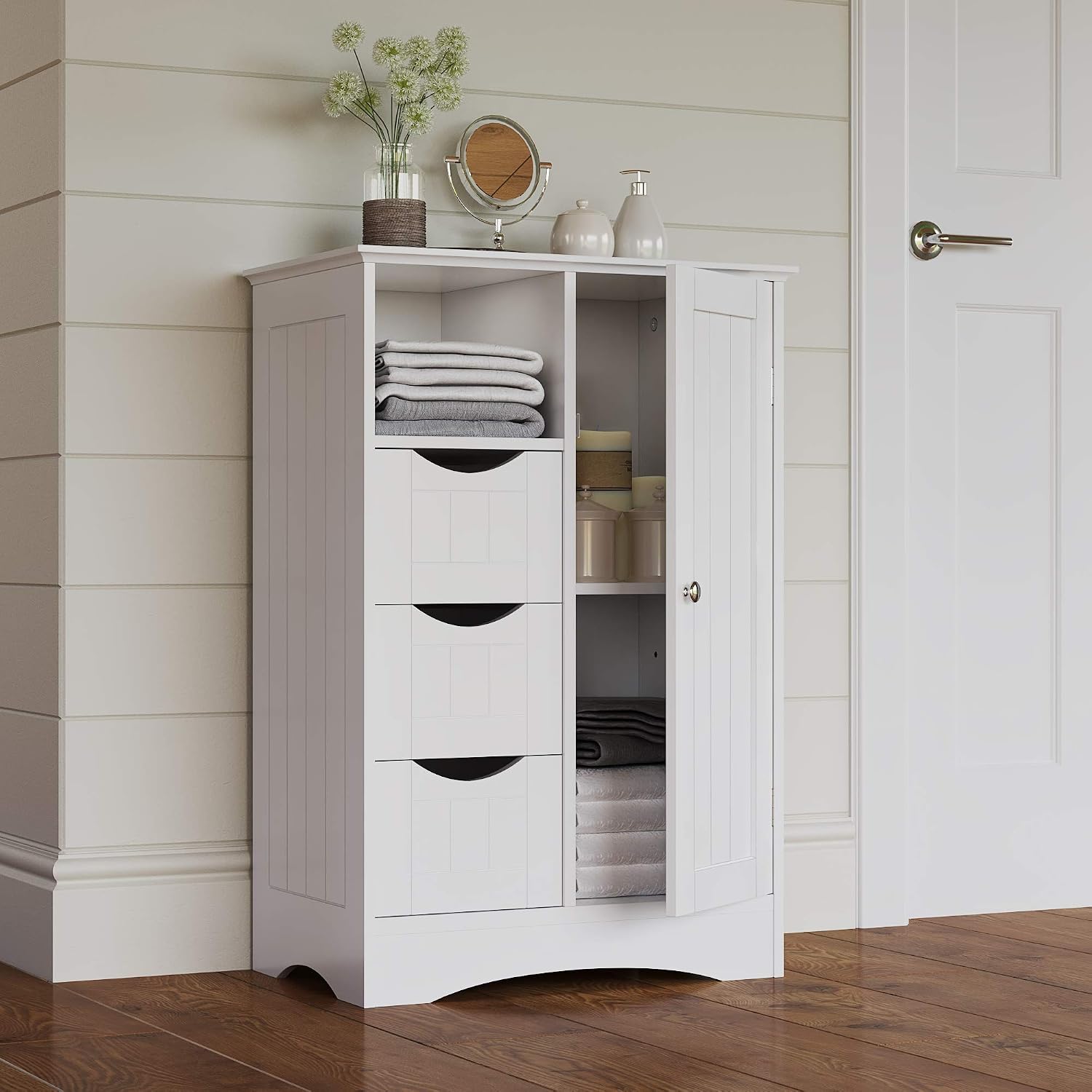 RiverRidge Ashland Bathroom Storage Cabinet with 3 Drawers, Adjustable Shelf & Beadboard Styling - White Bathroom organizer - Freestanding Storage Cabinet