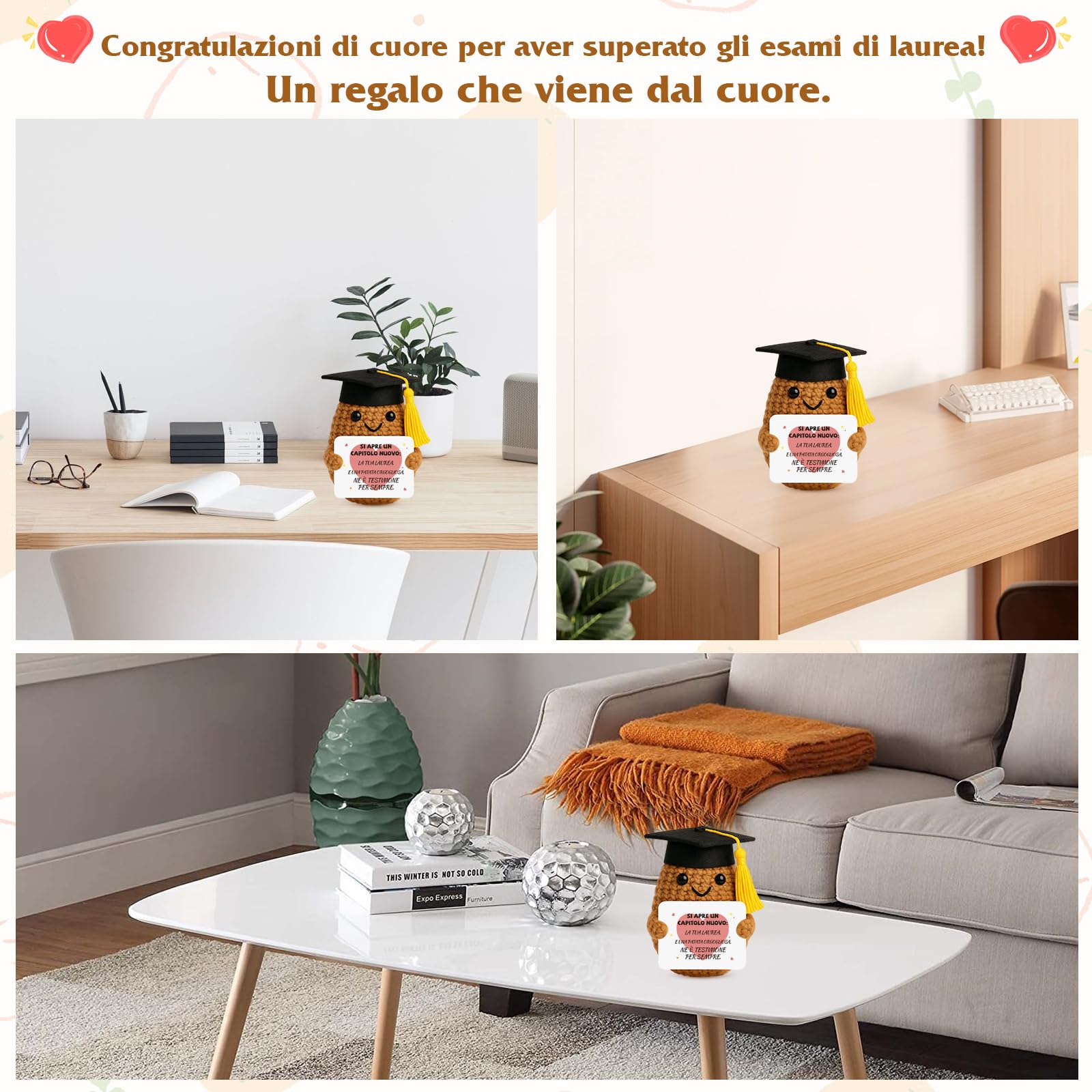 Regalo Laurea Patata Incoraggiante all'Uncinetto a Mano - Pocket Hug Patata Fortunata con Portafortuna Esami e Biglietto di Auguri, Regali Laurea Originali per Donna Uomo