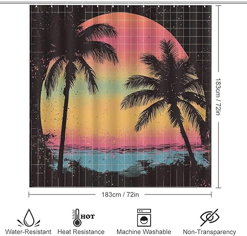 Miniatura 2 de 4 piezas de cortina de ducha de agua sintética colorida de acuarela con 12 ganchos, ilustración de cuadrícula rústica, arte tropical, palmera de