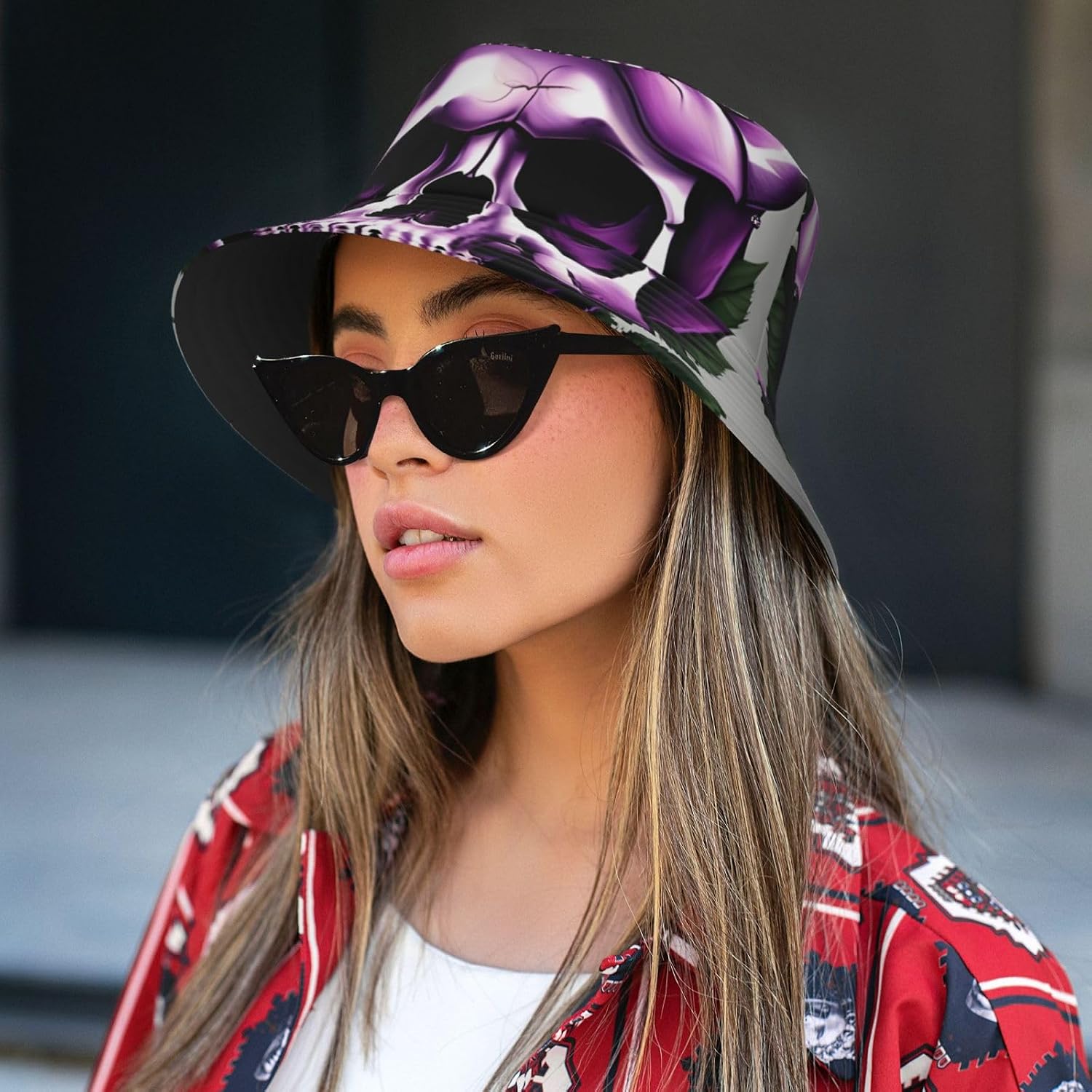 Purple Rose Skull Print Sun Hat Outdoor Fisherman Cap Summer Bucket Hat Beach for Men Women