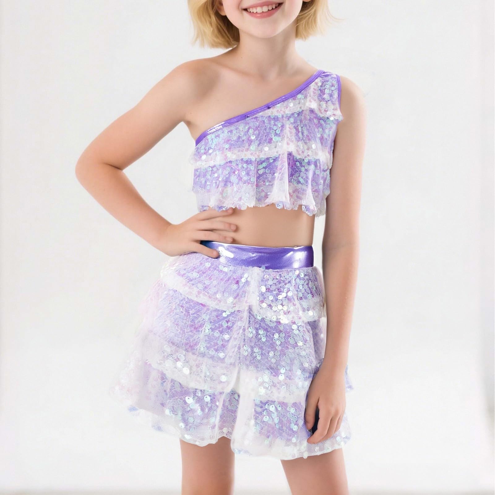 Traje de baile de lentejuelas de dos piezas para niñas, elástico, ajuste cómodo, falda y top para fiesta de baile