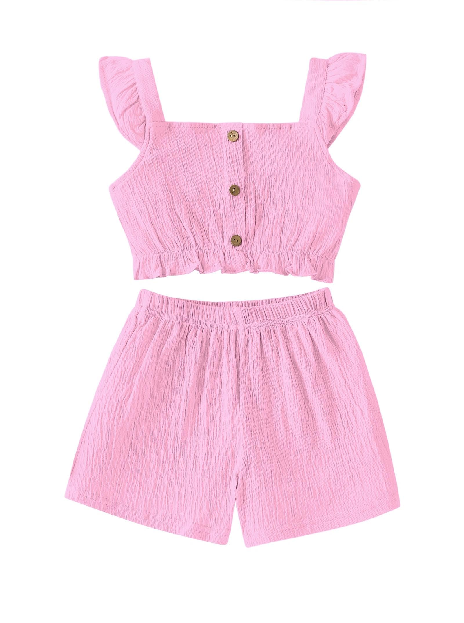 Girl's Summer Clothing Sets Knit Ruffle Striped T-Shirt and Shorts 2 Piece Outfits