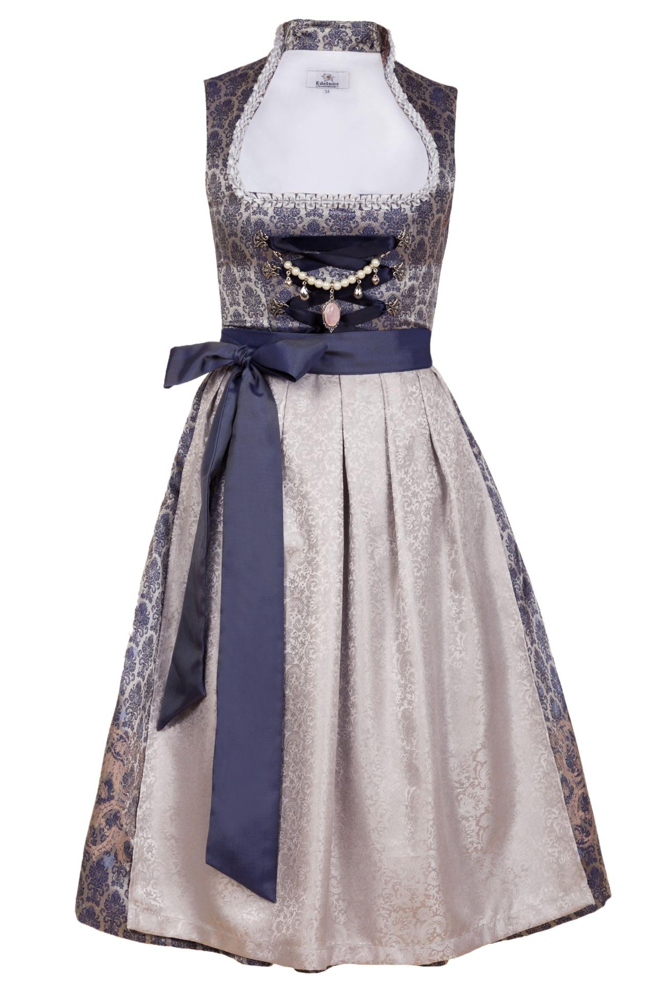 Edelnice Trachtenmode Exklusives Designer Midi Stehkragen Dirndl Marianna inkl. Spitzen Dirndlschürze und Charivari