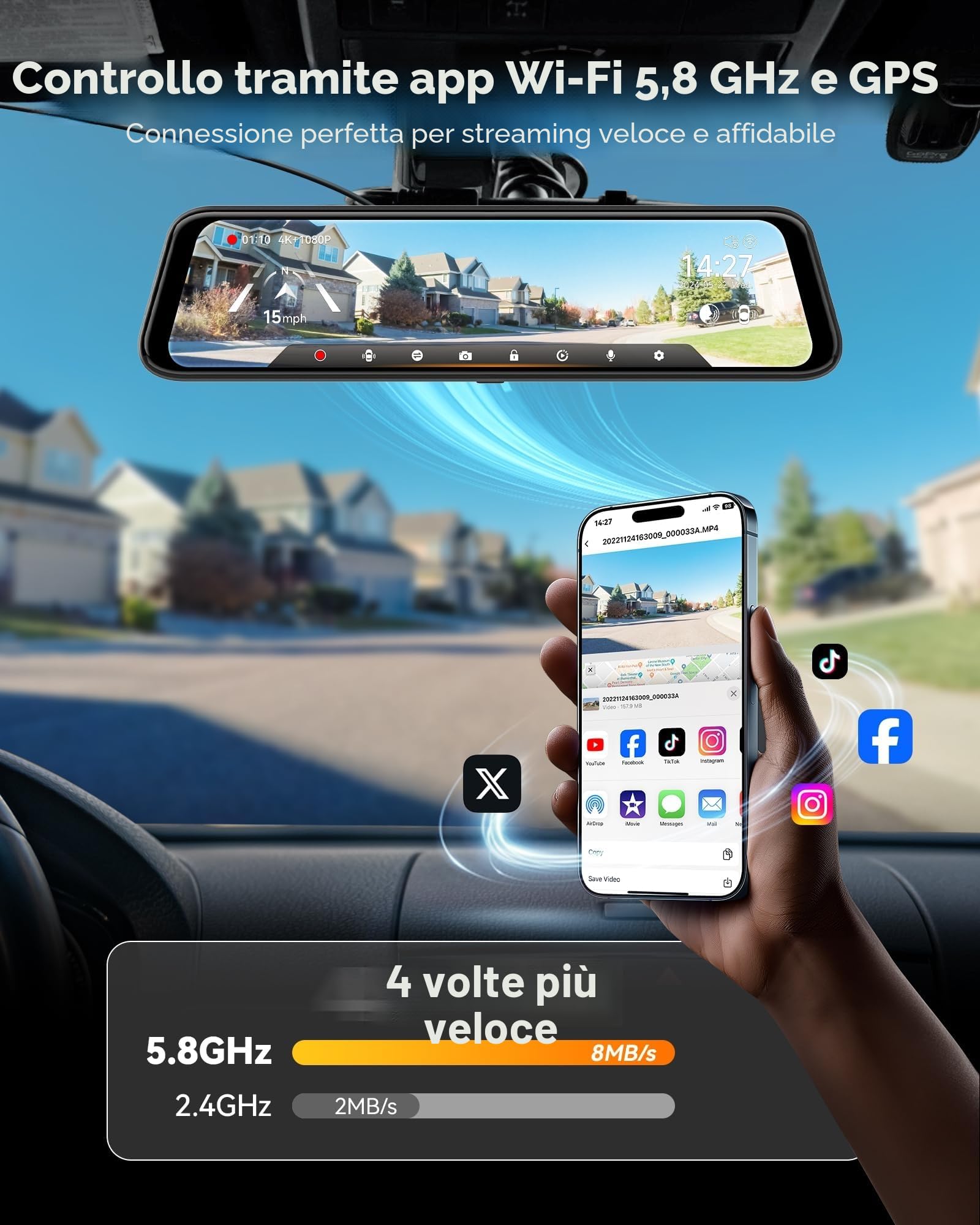 WOLFBOX G850 PRO 4K Dashcam a specchio con ADAS e BSD, specchietto retrovisore intelligente con WiFi 5,8GHz, controllo vocale, telecamera posteriore da 12 pollici con scheda da 64GB inclusa, GPS