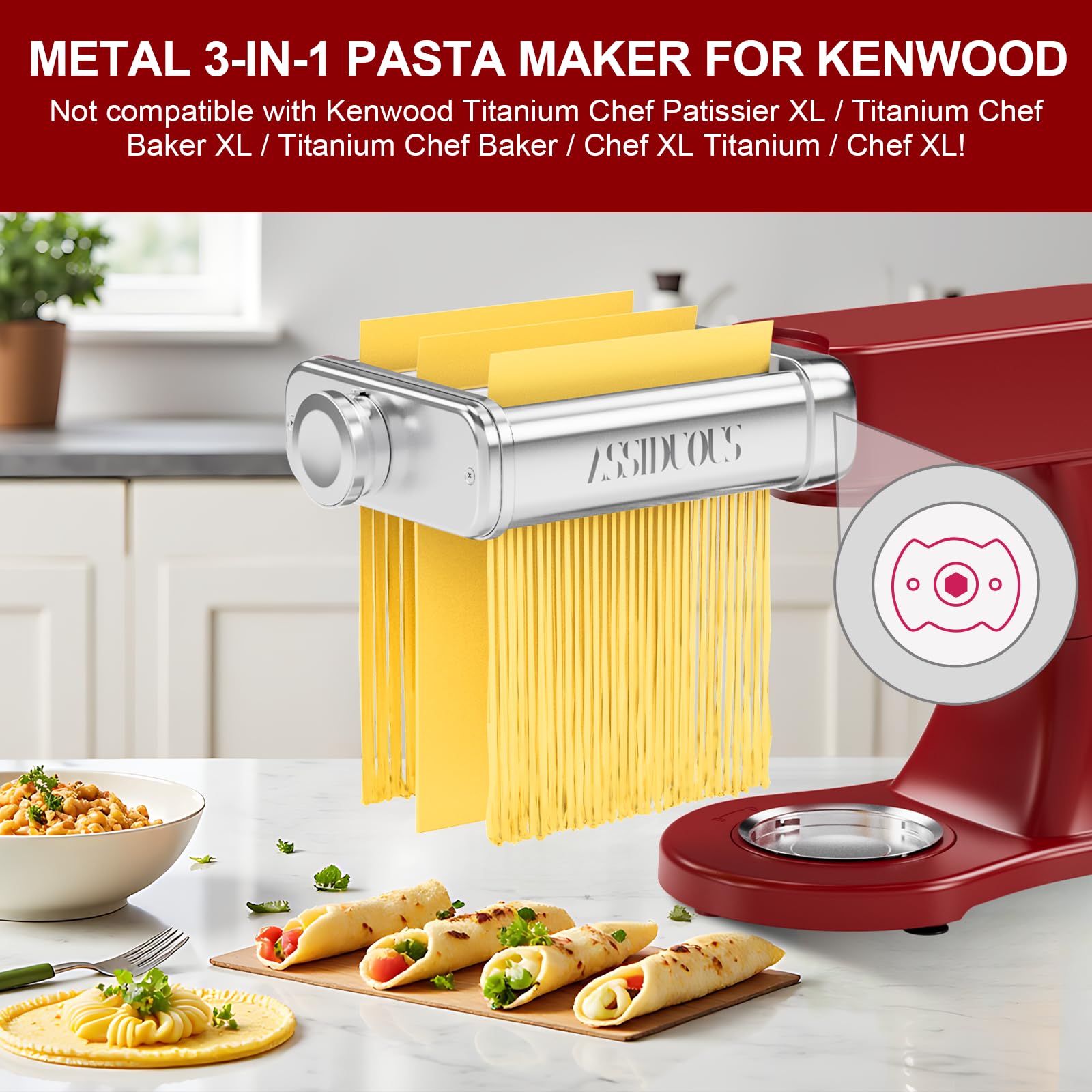 Nudelaufsatz Set für KVC/KVL Kenwood Küchenmaschine Nudelmaschine,3 in 1 Nudelvorsatz aus Edelstahl, inklusive Nudelblattwalze Spaghettischneider und Fettuccinischneider Nudelmaschine für Kenwood