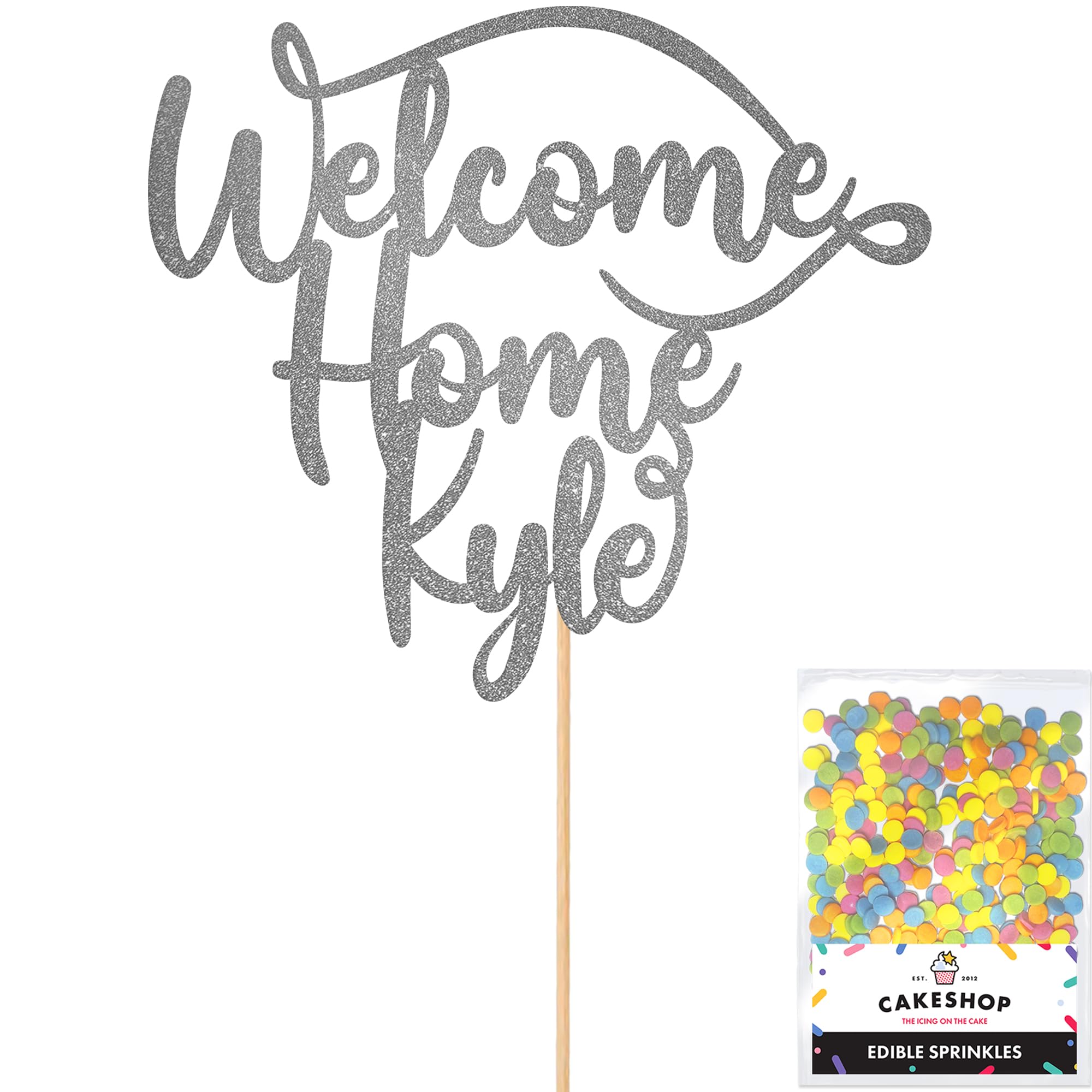 Cakeshop Personalised Welcome Home Glitter Cake Topper With Sprinkles - Dark Silver Custom Colour - Any Name - Double-Sided Glitter Card Cake Decoration - Custom Toppers for Cakes