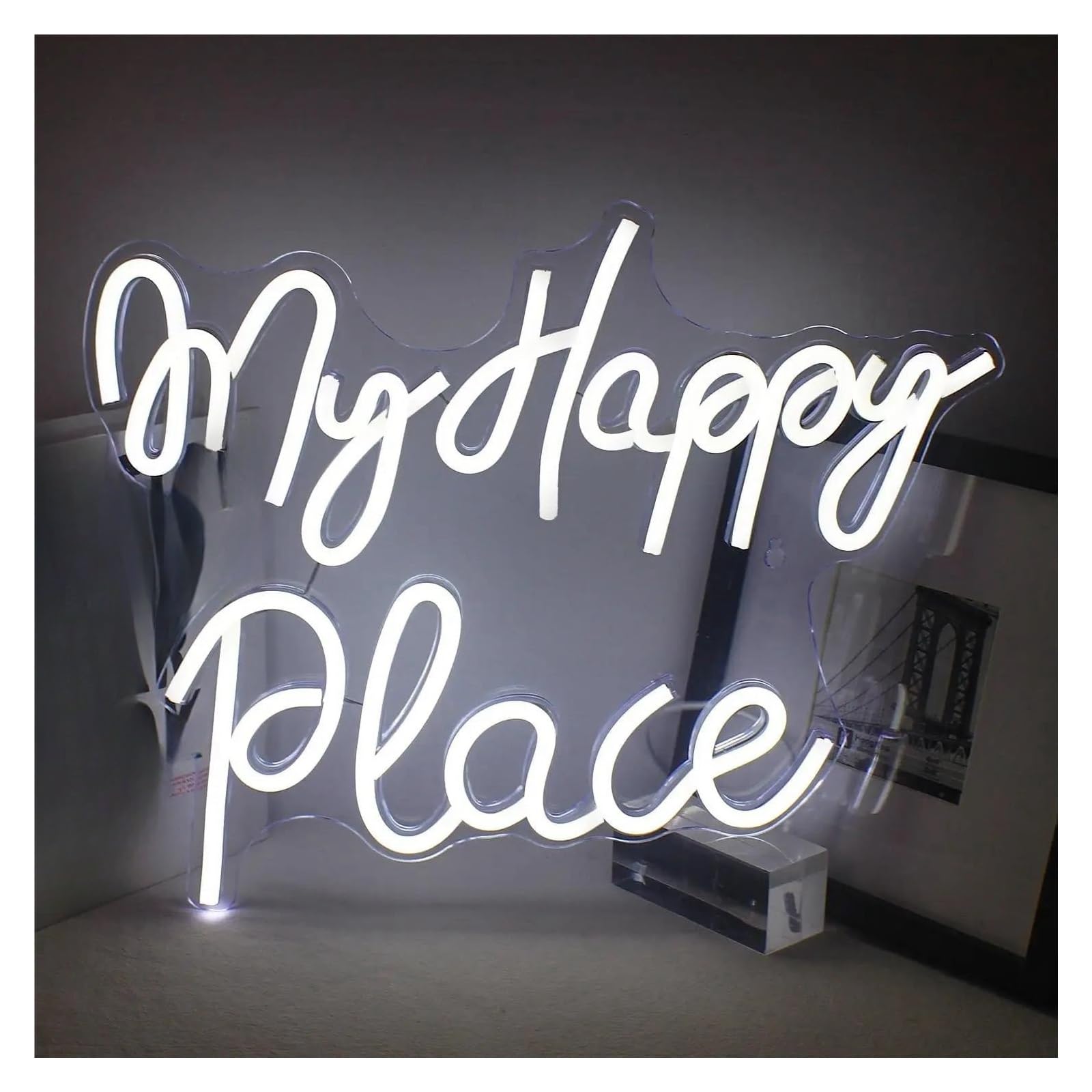 SHOUXI Sign Lamp My Happy Place Neon Sign Words Neon Lights Wedding USB Powered Neon Signs for Wall Decor Birthday Party 40x32cm(White)