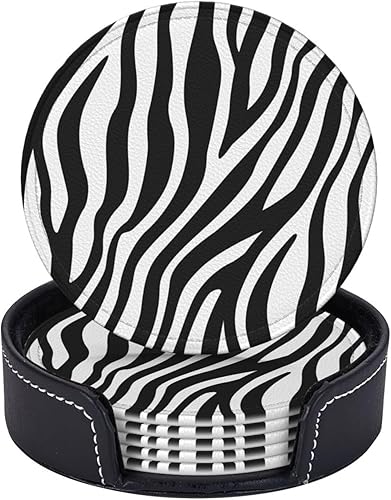 Miniatura 5 de Drink Coasters Set of 6, Zebra fine Lines Printed PU Leather Round Coaster with Holder for Outdoor, Office, Bar, Funny Heat-Resistant Home Desk Decor
