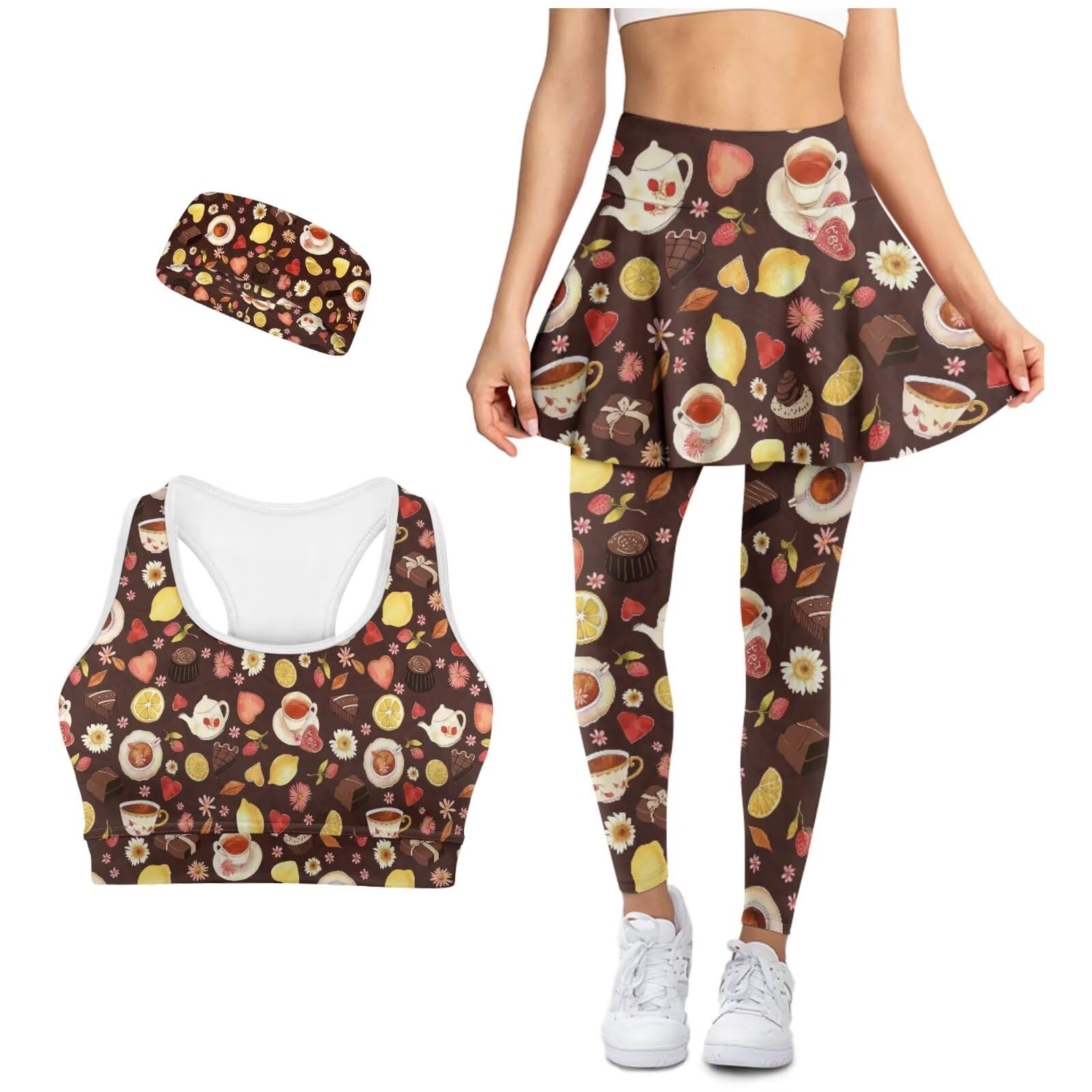 Skirted Leggings for Women Yoga Sets Plus Size Sports Bra with Phone Pocket Non Slip Headband