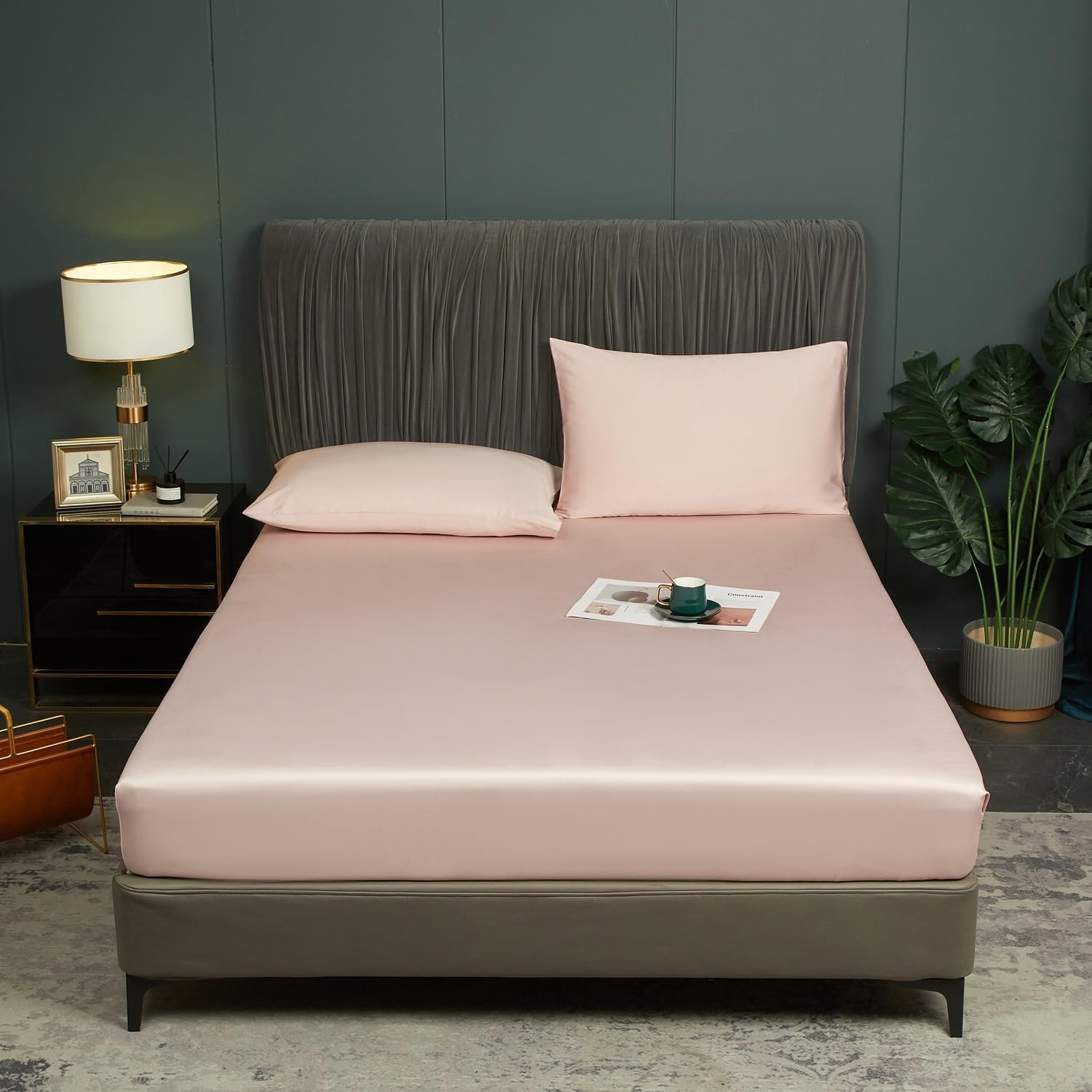 Luofanfei Drap Housse 160x200 Rose Lyocell Bambou Bonnet 30 cm Unie Motif Drap de lit Tencel Soie Lisse Soyeux Brillant Adulte Uni Drap-Housse 160 x 200cm Respirant pour Matelas Épais