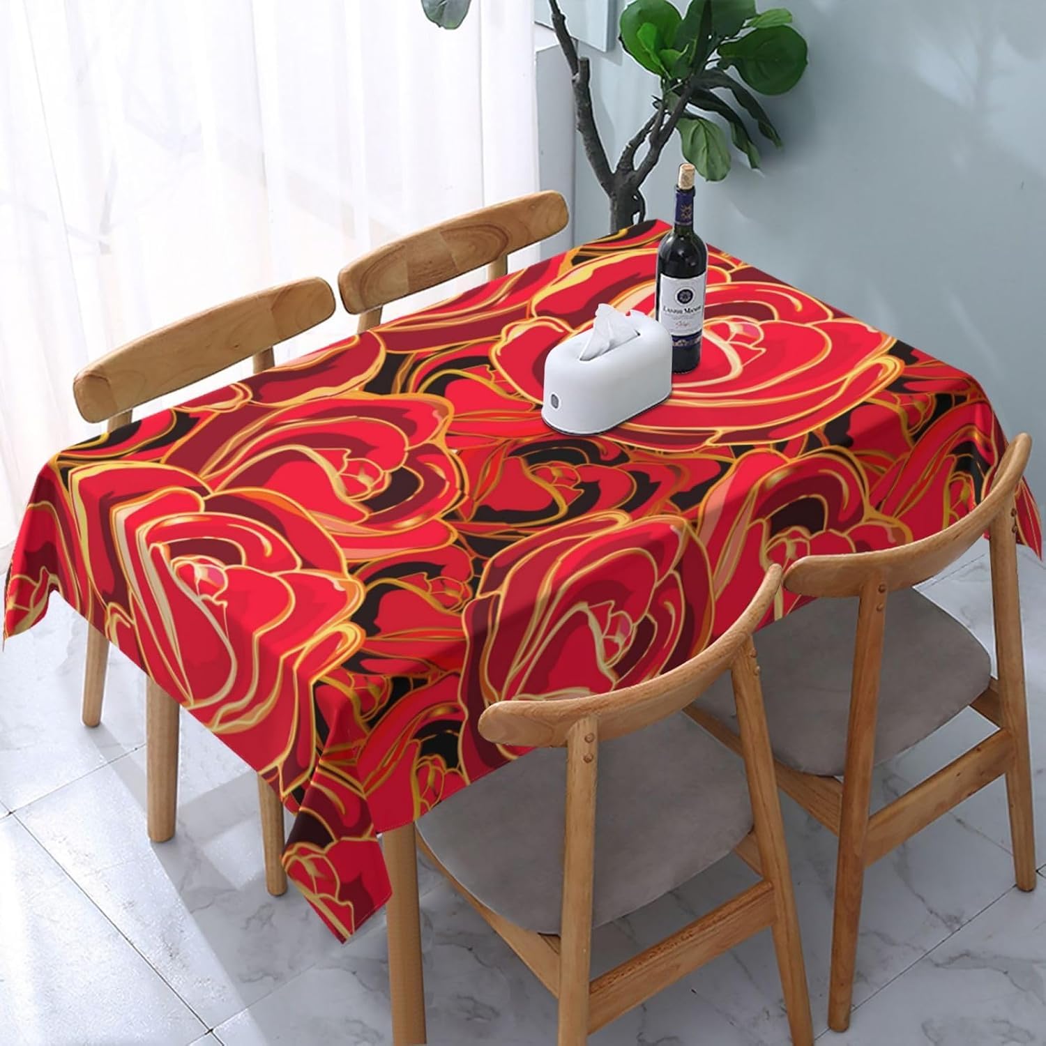 Tovaglia Antimacchia 300x140 cm Rettangolare Rosa Rossa Tovaglie Impermeabile 3 Metri Copritavolo Poliestere Protezione Tavolo Matrimonio Romantico, per Feste (12-14 Posti) a-2868