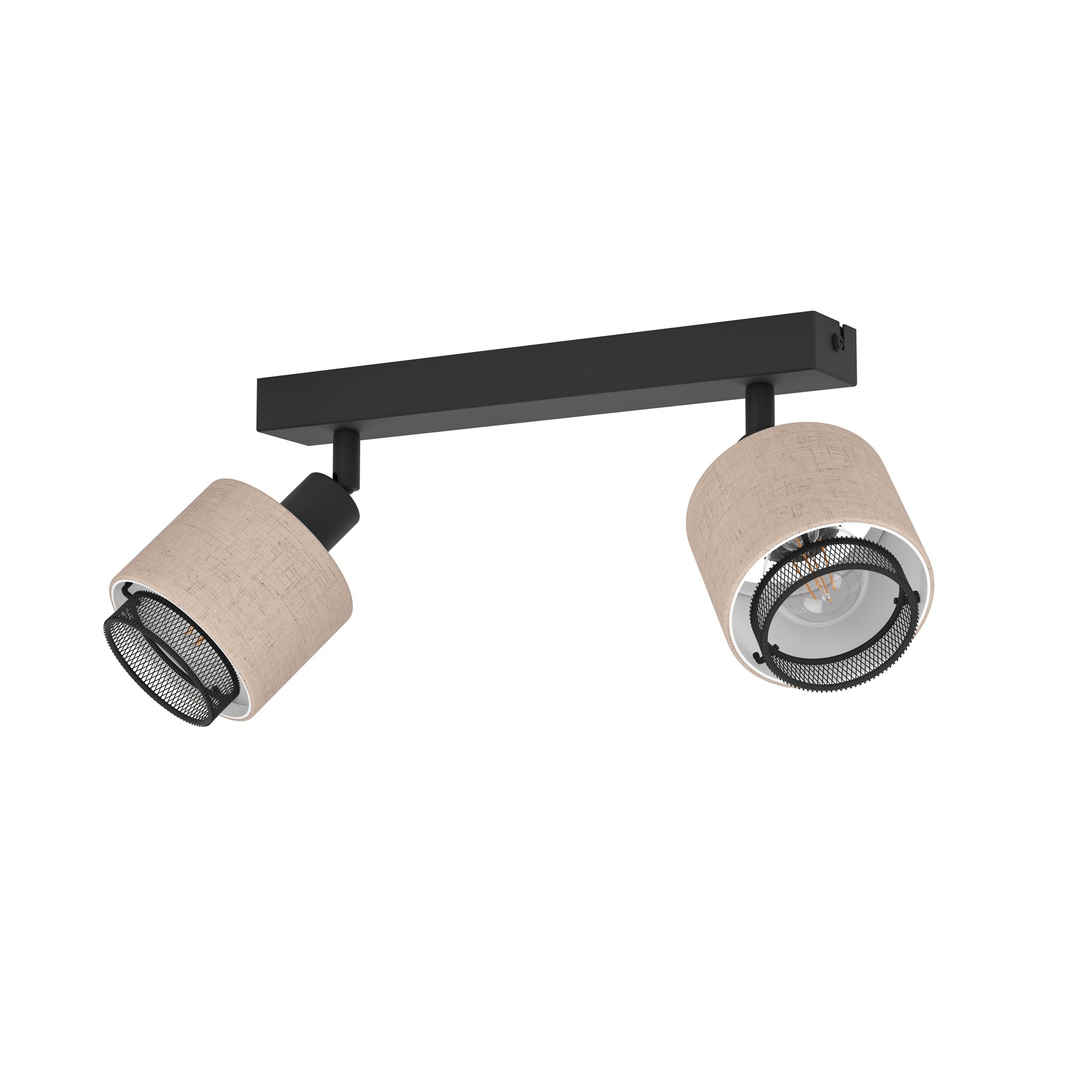 Eglo Ceiling Light Fitting Rosley, 2 Spots Ceiling lamp, Spotlight bar Made of Textile in Natural and Black Metal, Ceiling Light Fixture with E14 Socket