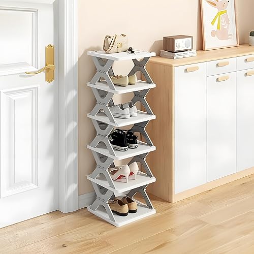 Miniatura 7 de Organizador de zapatos plegable de 6 niveles de instalación estrecha y libre, pequeño zapatero para puerta delantera, entrada y almacenamiento de