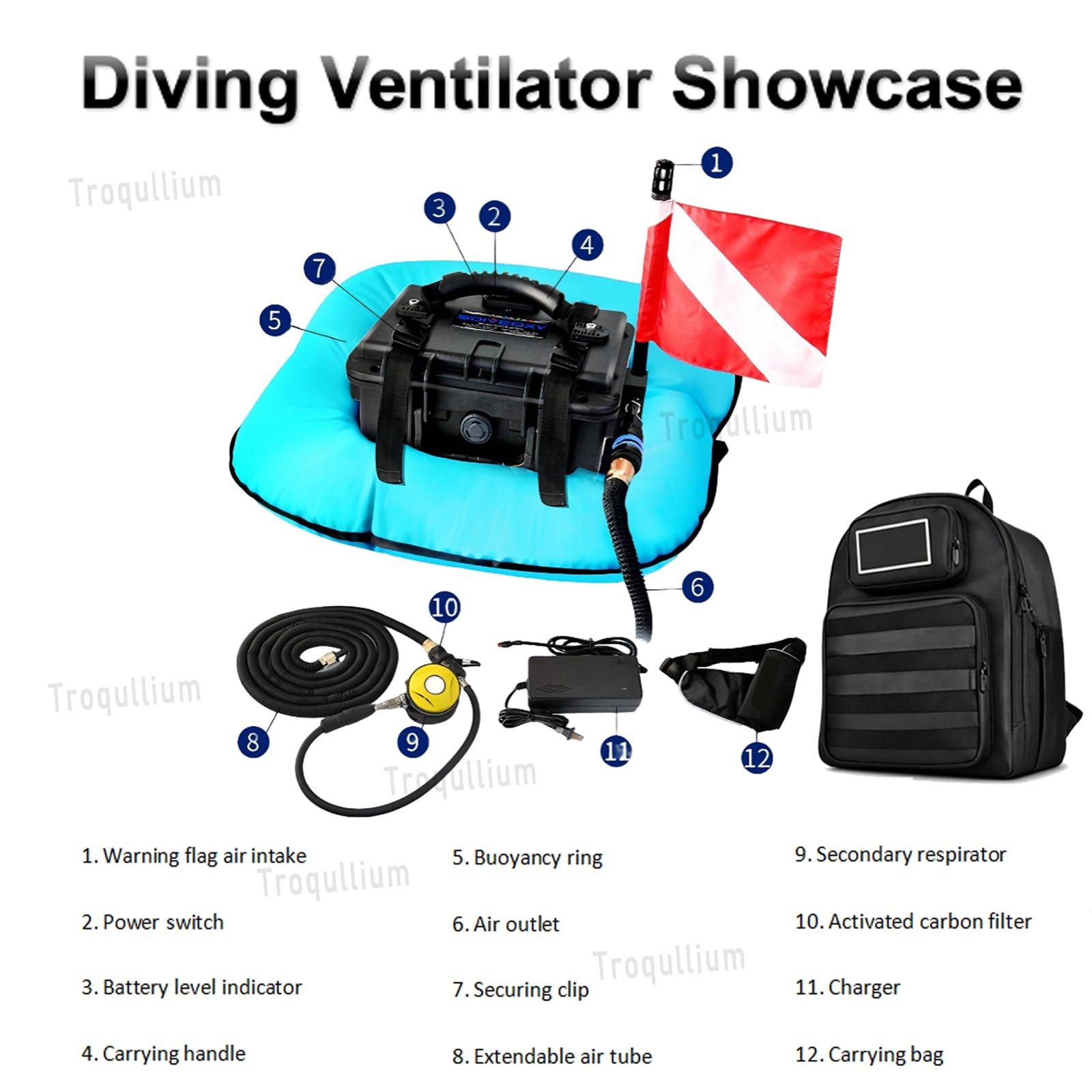 Sistema de Buceo Sin Tanque Recargable, Sistema de Ventilación para Buceo, Impermeable y Resistente a los Golpes,Larga Duración 60-70 minutos, para Buceo y Pesca