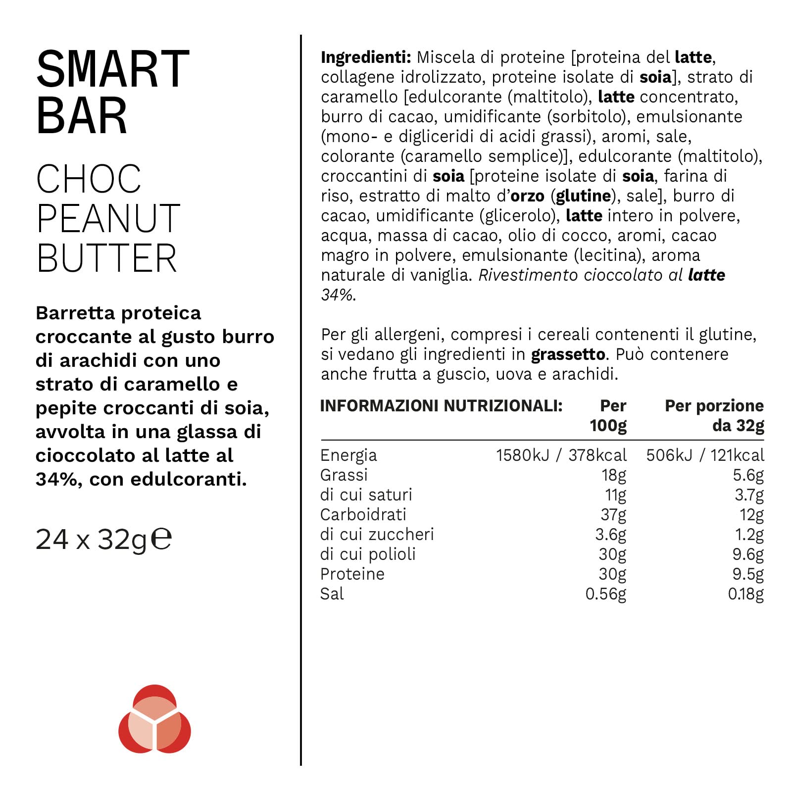 PhD Nutrition Smart Bar Barretta proteica 24x32g Cioccolato e burro d’arachidi - Protein Bar con 20g di proteine e poco zucchero, Adatta per una dieta macro