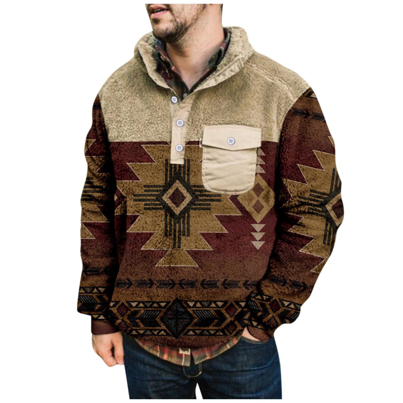 Mens Coats Fuzzy Pullover Sweatshirt Button Down Long Sleeve Zipper Pockets Sweatshirt Jacket Western Vintage Coats