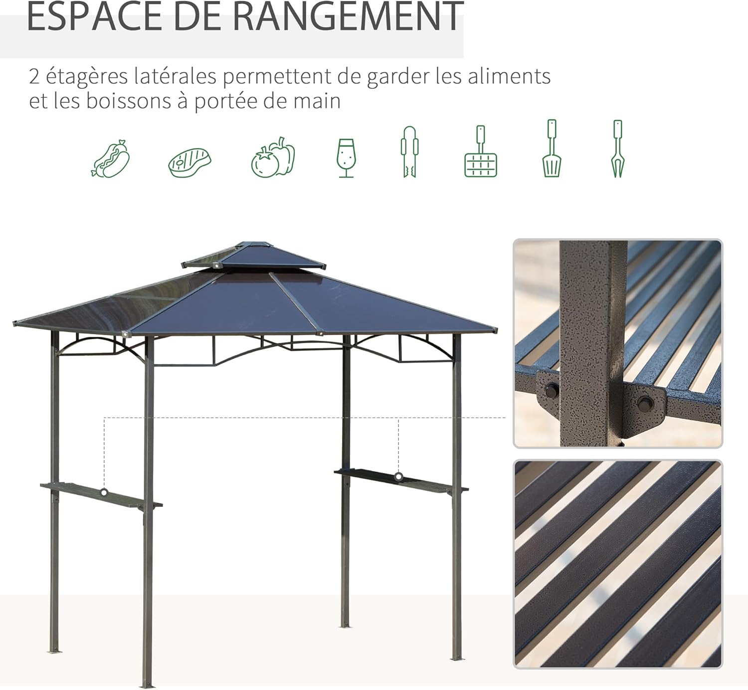 Diagram showing the Outsunny Barbecue Shelter with two side shelves highlighted for storage.
