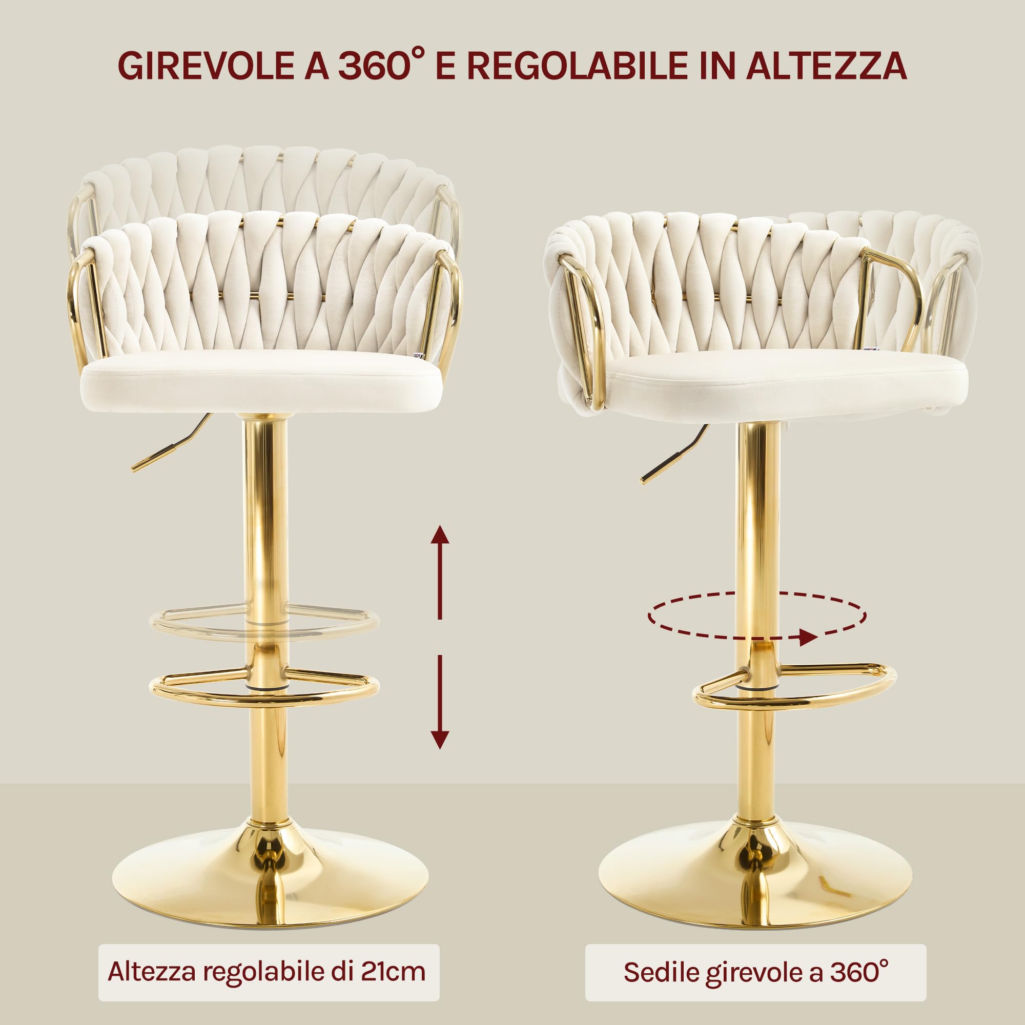 WOLTU Sgabello da Cucina, con Schienale Ampio, in Velluto, Crema | Sgabelli Bar Girevoli a 360°, Sgabello Altezza Regolabile, con Poggiapiedi, per Bistrot, Penisola cucina