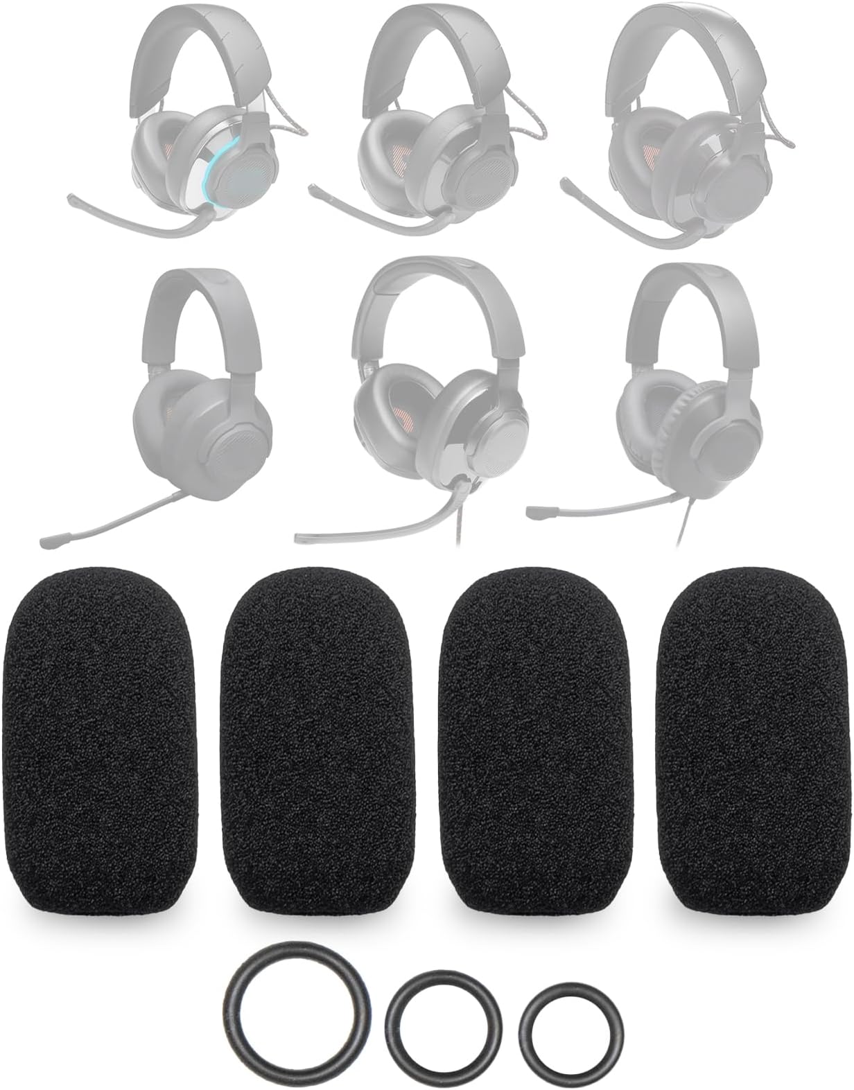 4 Pack Quantum Series Microphone Cover Pop Filter Windscreen for JBL Quantum One, Q1, 100 200 300 350 360 400 600 610 800 810 810 910 Gaming Headset + 12 O-Ring 3 Sizes