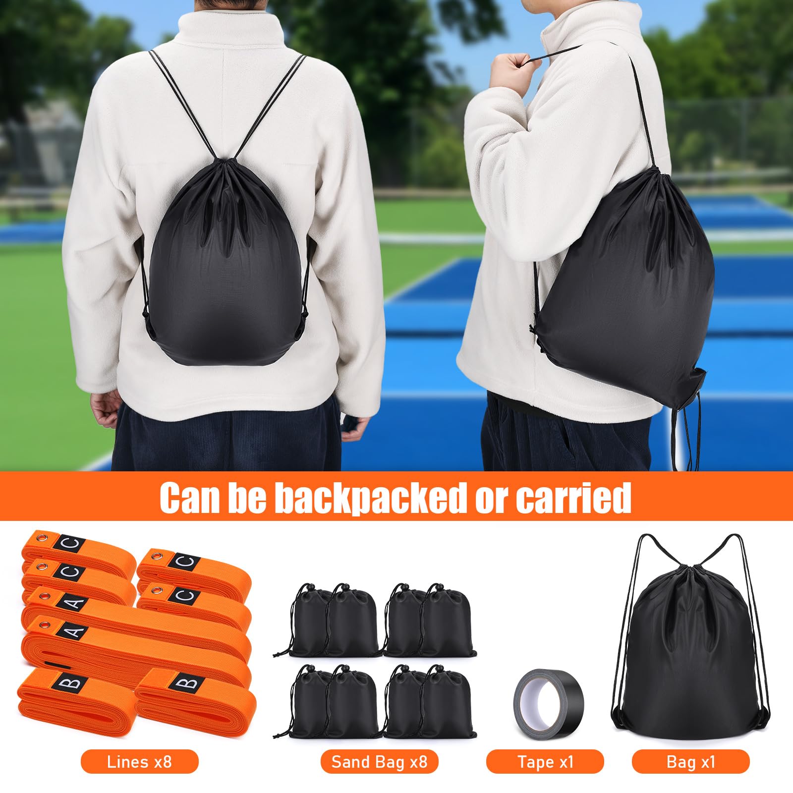 Kit de marquage de terrain de pickleball TOBWOLF, marqueurs de lignes temporaires portables avec ruban adhésif et 8 sacs de sable