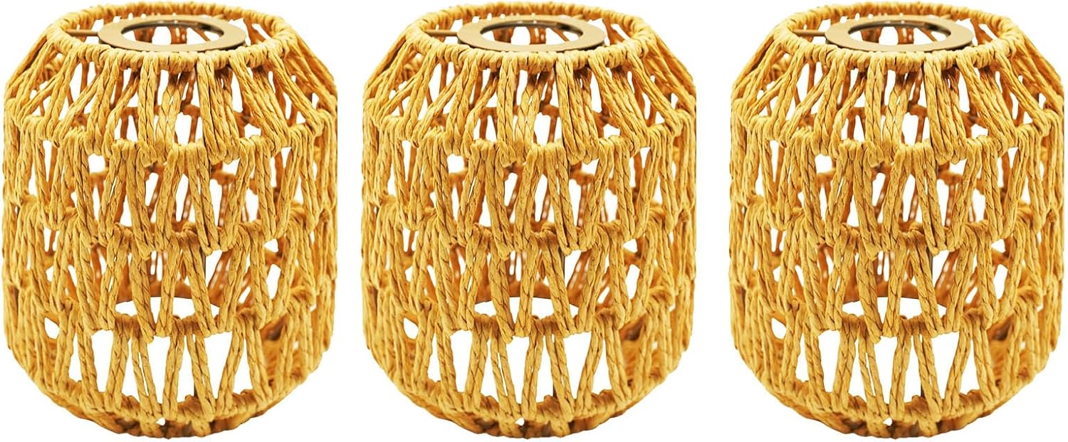 3-Pack Boho Rattan Lamp Shades - Handwoven Wicker for Chandelier, Pendant, Table & Floor Lamps, Wall Sconce - Farmhouse Vintage Home Decor
