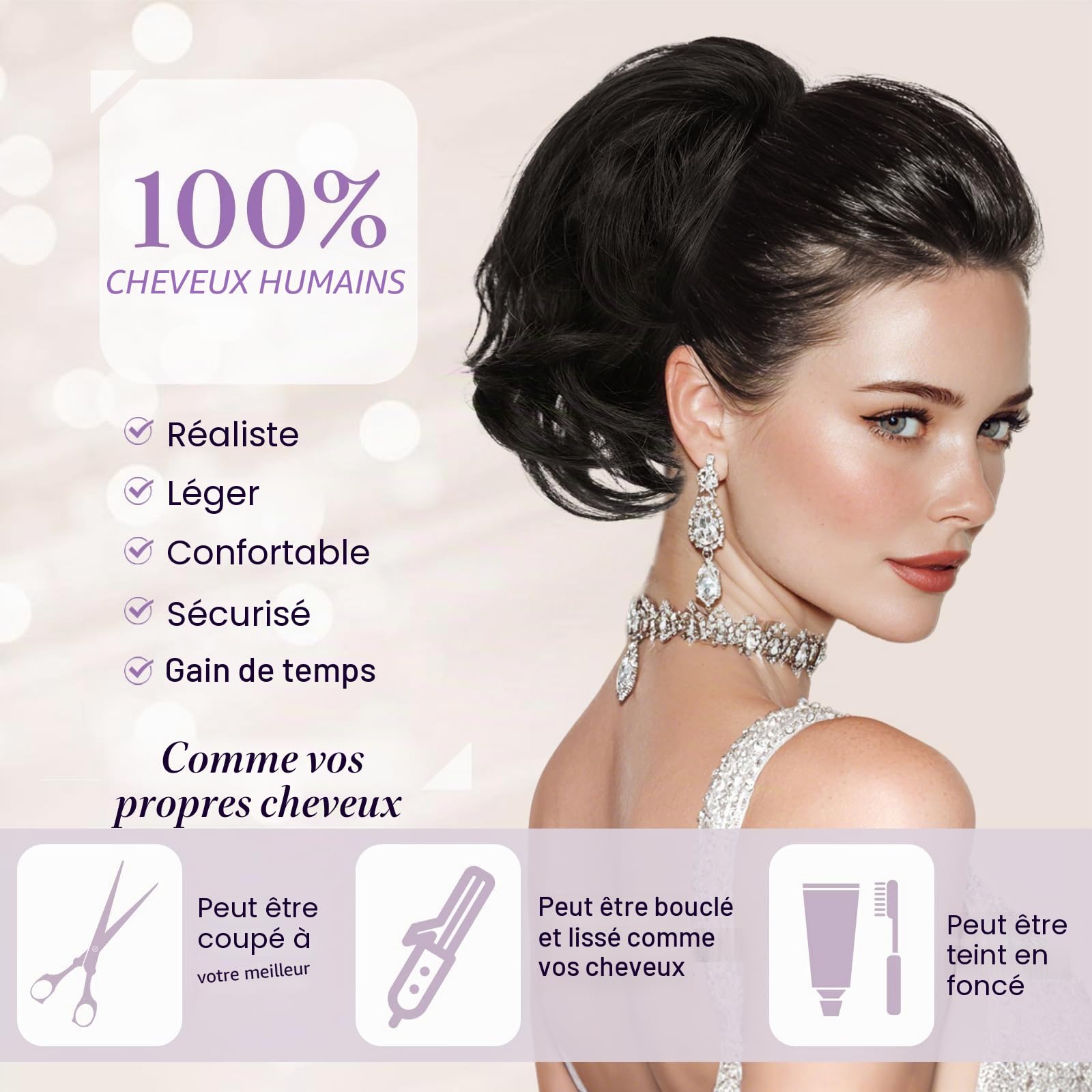 RUWISS Ponytail Cheveux Naturel avec Pince Humains pour Femmes, 22cm Courts Droite Postiche Chignon avec Métaux Malléables Extension Queue de Cheval Cheveux Brun Moyen
