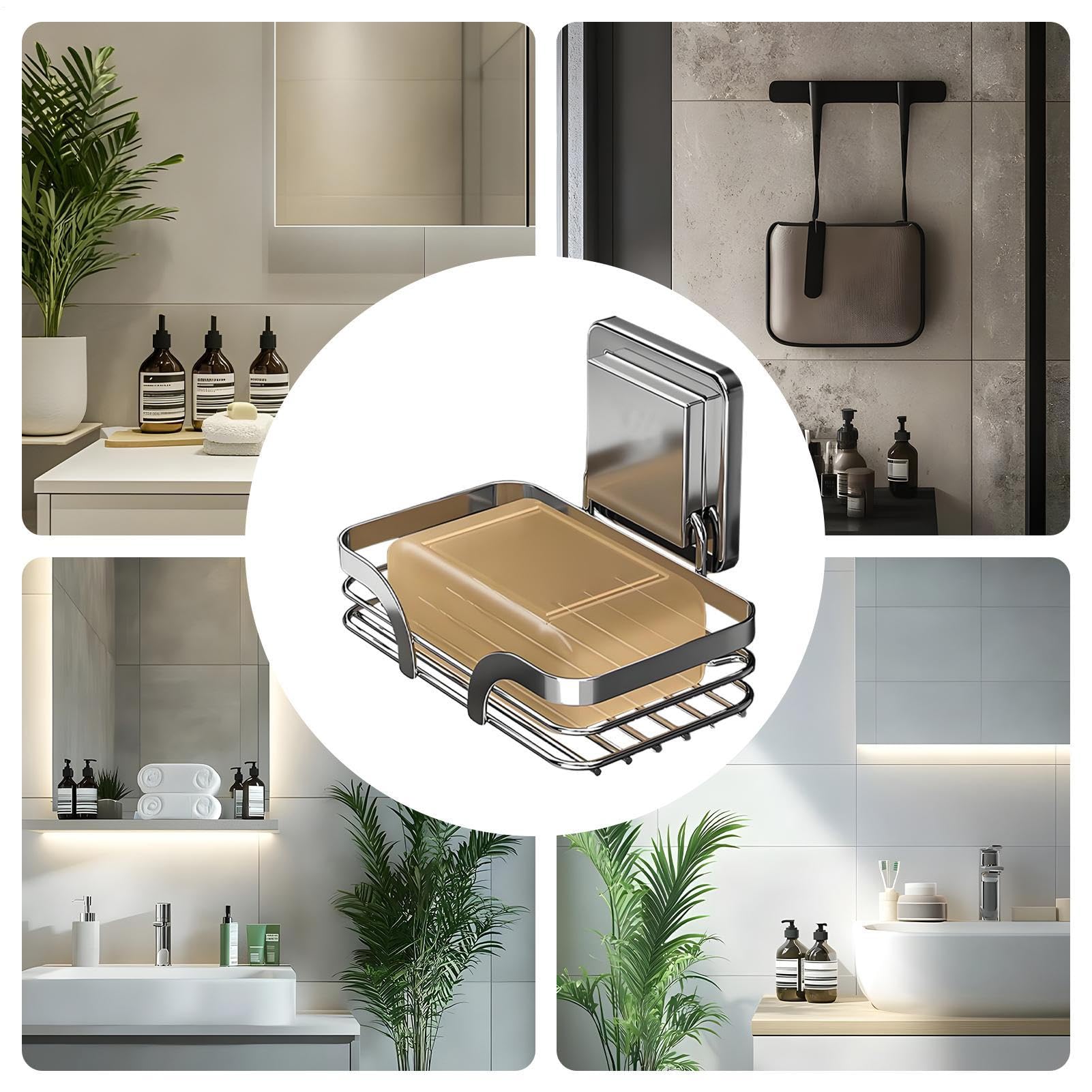 Porte-savon Mural à Ventouse Pour Douche, Sans Perçage, En Acier Inoxydable Avec Crochets | Plaqué étanche, élégant Et Peu Encombrant Pour Comptoir De Cuisine Et De Salle De Bain