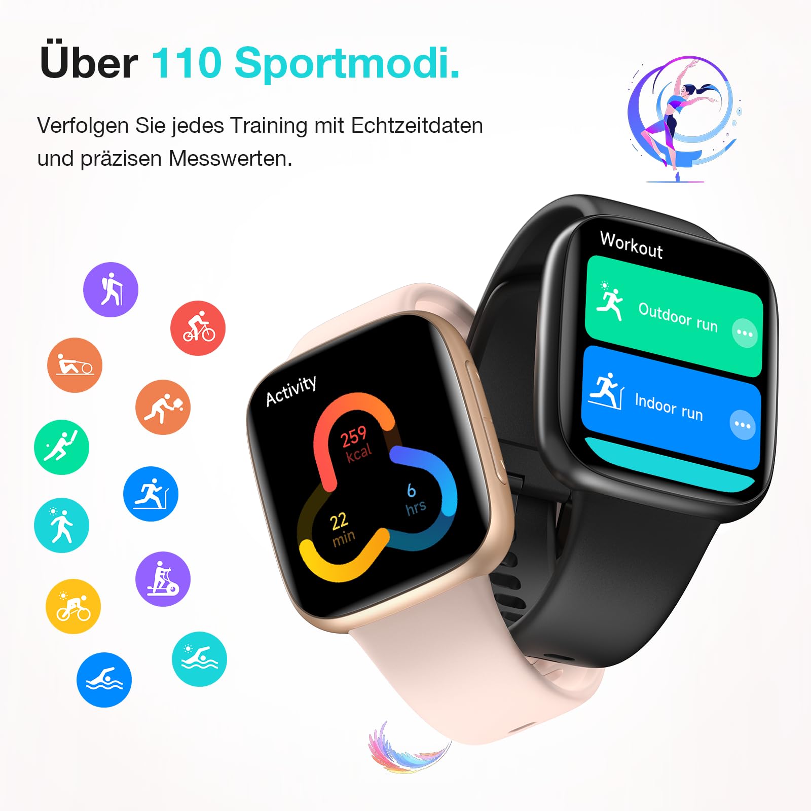 Smartwatch Damen Herren, 1,85″ AMOLED Touchscreen, Fitness Tracker mit Bluetooth Anrufen & KI, Herzfrequenz, SpO2, Schlaf- & Frauenzyklus-Tracking, 100+ Sportmodi, 3ATM Wasserdicht für iOS & Android