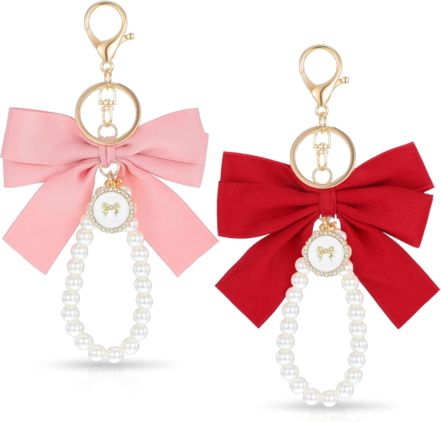 Pearl Wristlet Bow Keychain for Women, 2 Pcs Cute Purse Charms Accessories Pink Red Bowknot Bag Charms Key Chains Wristlet for Car Keys Handbag Backpack