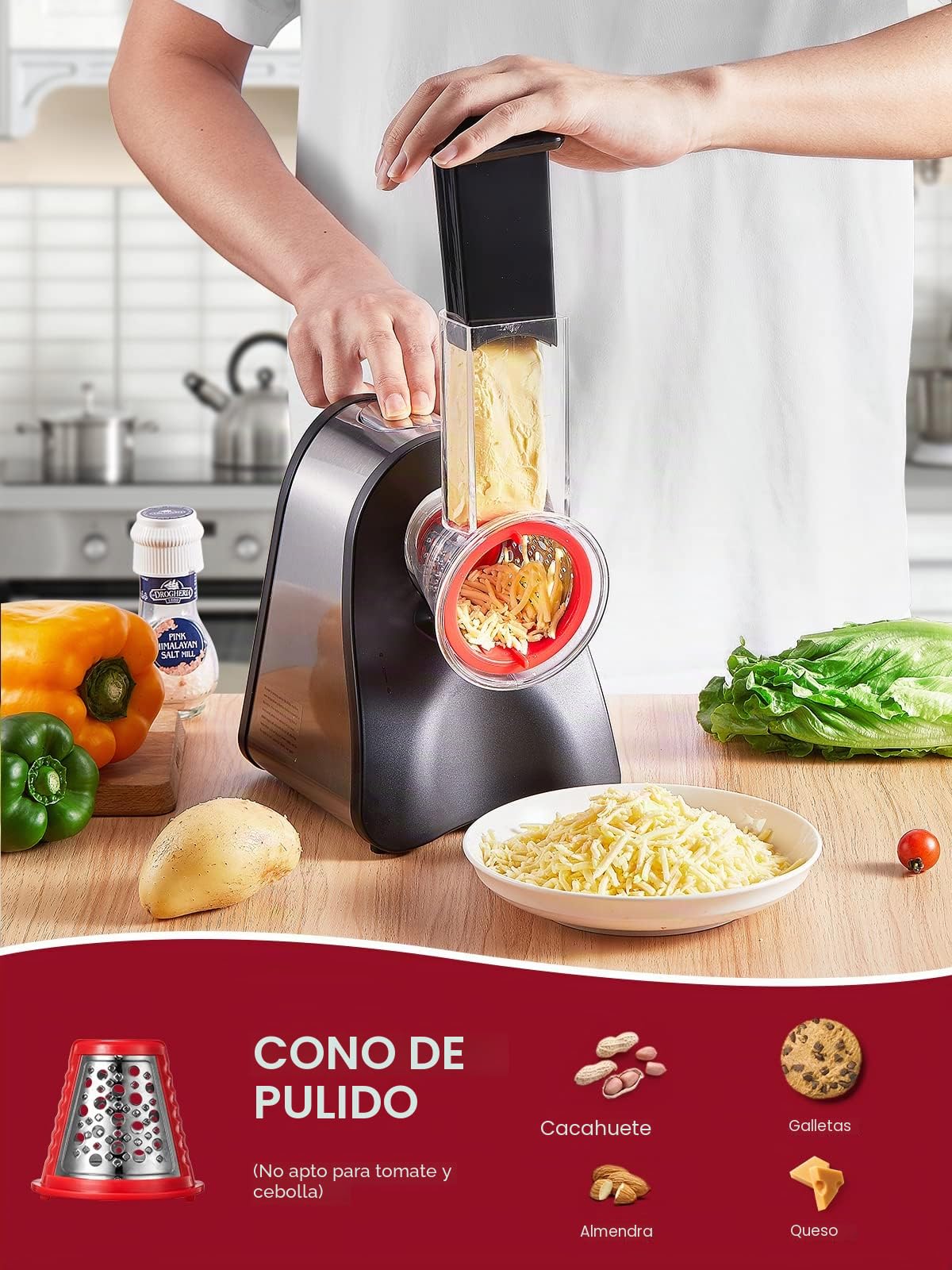 FOHERE Rallador Eléctrico, Cortador de Verduras Eléctrico con 3 Conos | para Cortar en Rodajas, Tiras o Ralla, Operación de un Solo Toque, Fácil Limpieza, Rojo