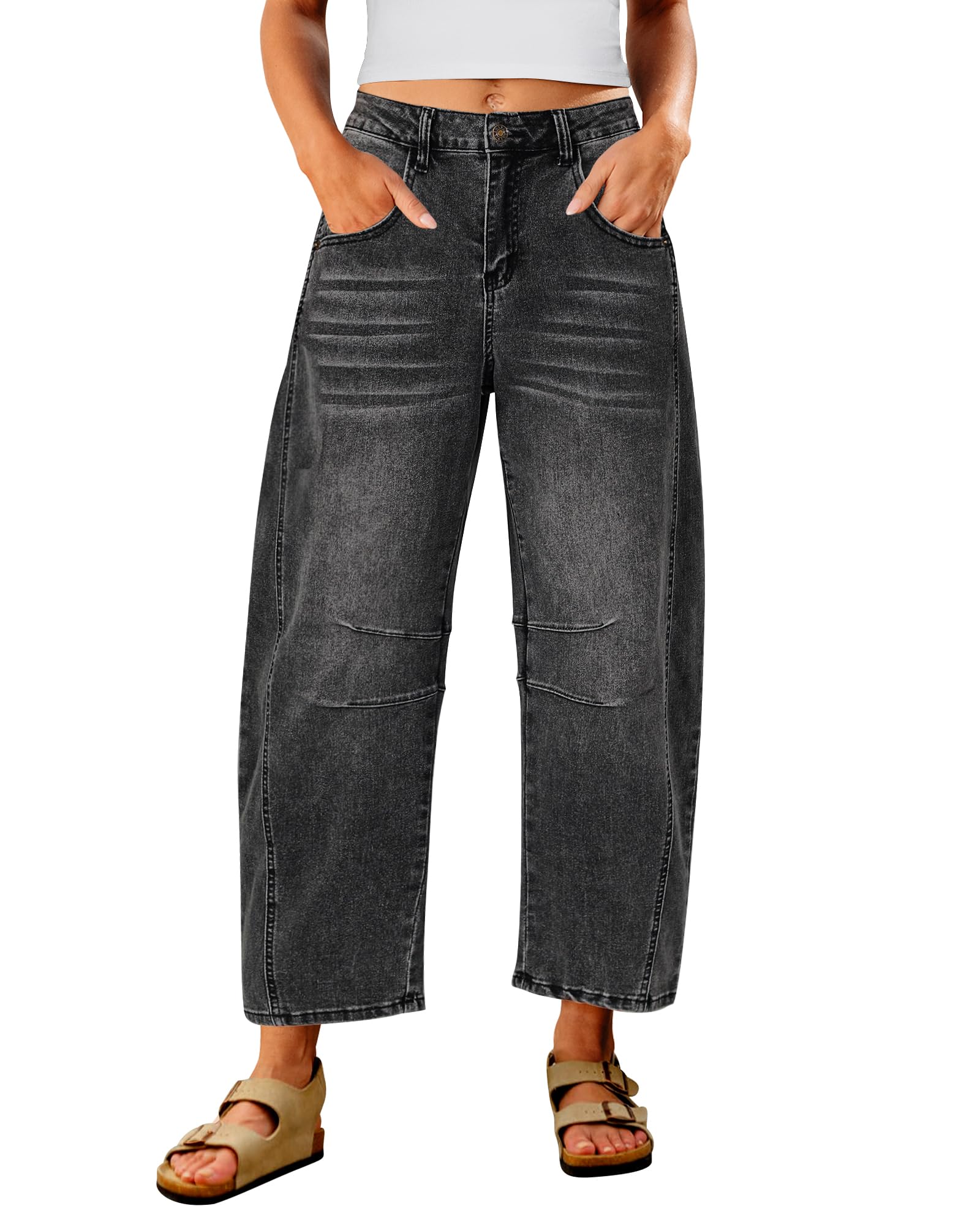Utyful Barrel Jeans Women Cropped Baggy Trendy High Waisted Distressed Loose Stretch Denim Trouser Jeans with Pockets, Faded Black, XXL