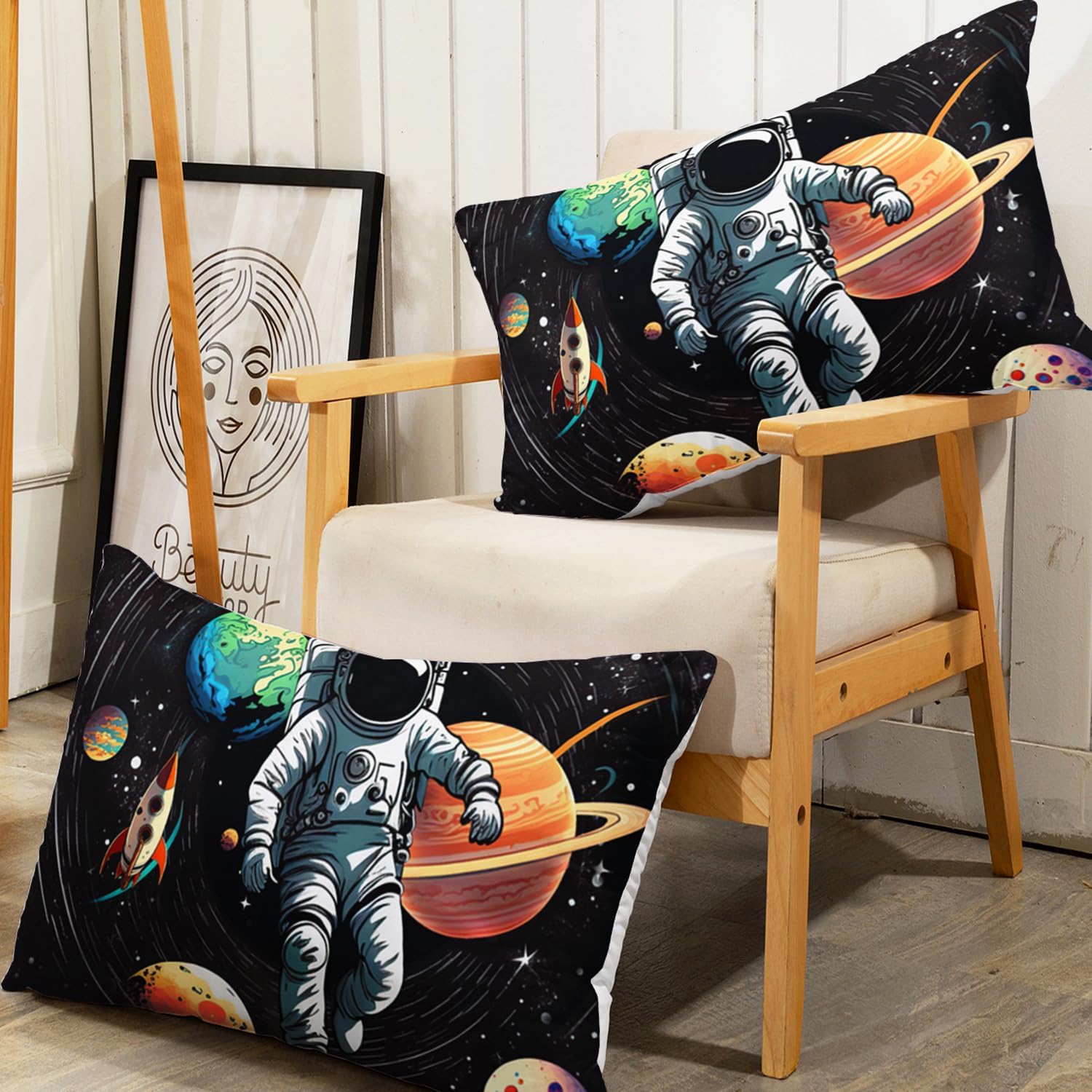 AILONEN Outer Space Fitted Sheet Set Queen Size,3D Astronaut Print Bed Sheet Set,Galaxy Bedding Cartoon Planet Rocket Sheet Set 3 Pieces, 1 Fitted Sheet and 2 Pillowcases