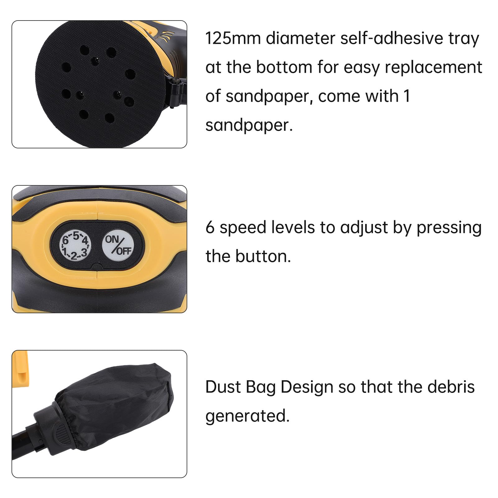 Levigatrice a batteria Levigatrice orbitale elettrica da 5 pollici 300 W con motore senza spazzole 6 velocità regolabile 19000 giri/min di raccolta polvere a velocità massima per