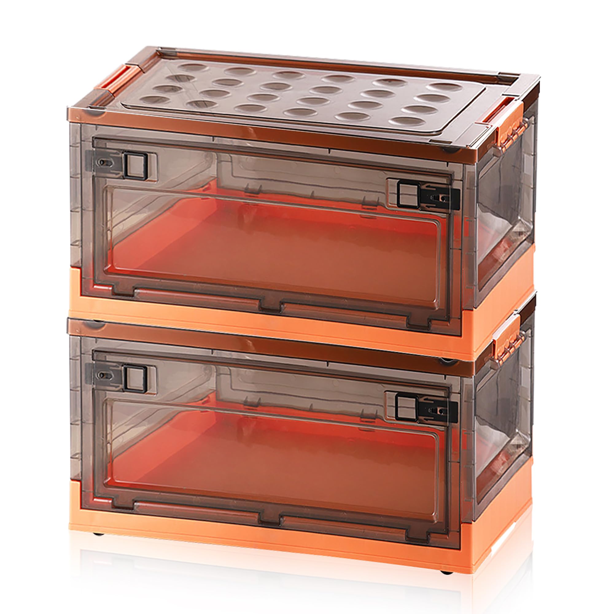 Folding Storage Bins, 42 Liters, 2 Pcs Orange Plastic Storage Containers with Wheels, Double Doors, Foldable, Stackable, Plastic Box with Lids for Organization, Storage Cart