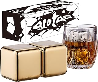 2 Large Whiskey Stones 64 cm³ (4 cu in) - Man Gift Set - Reusable Stainless Steel Metal Ice Sphere Cubes Beverage Chilling Rocks Whiskey Stones for Red Wine, Bar Beer, Scotch, Vodka Drinks - Gold