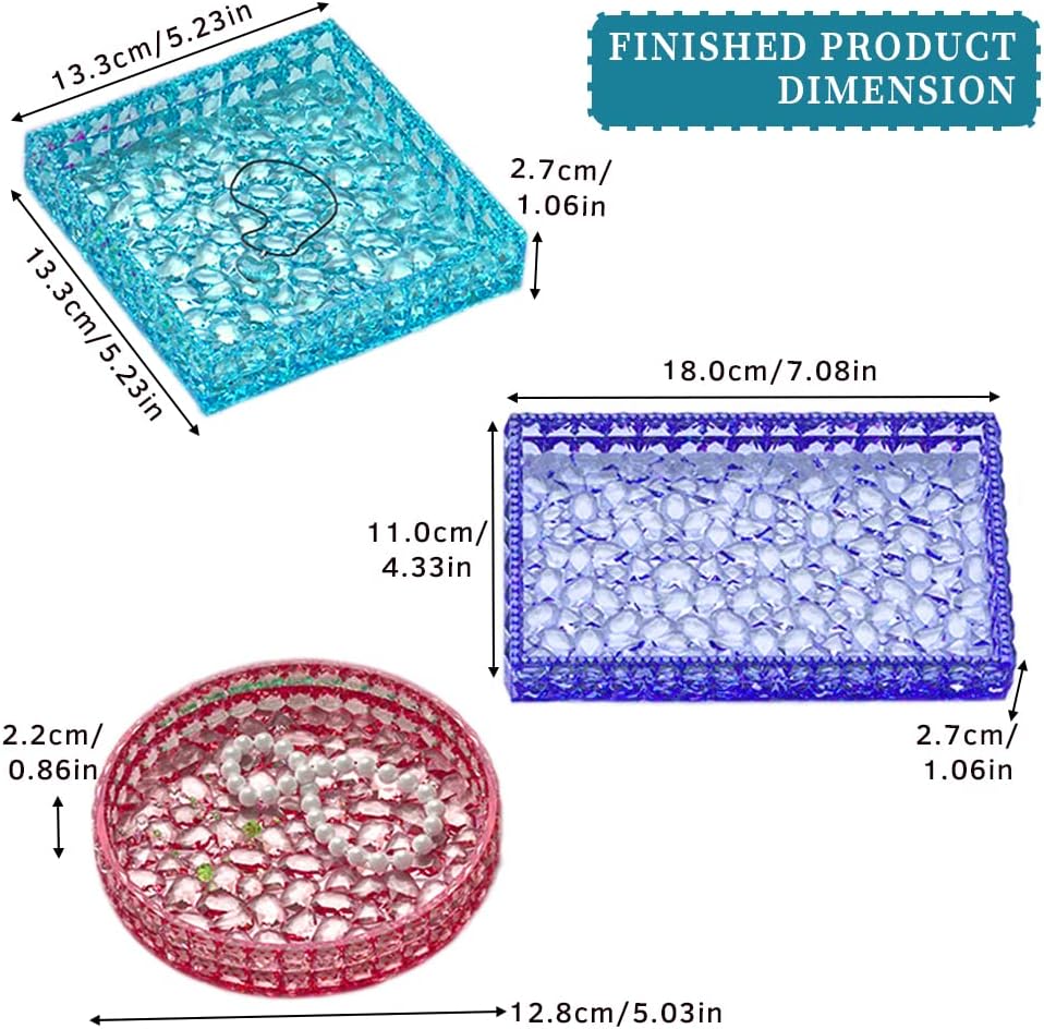 3PCS Diamond Resin Tray Mold with Edges, Silicone Tray Molds for Resin Casting, Square Rectangle Round Epoxy Mold DIY Jewelry Plate Box Candle Holder Container Art Craft Making Supplies
