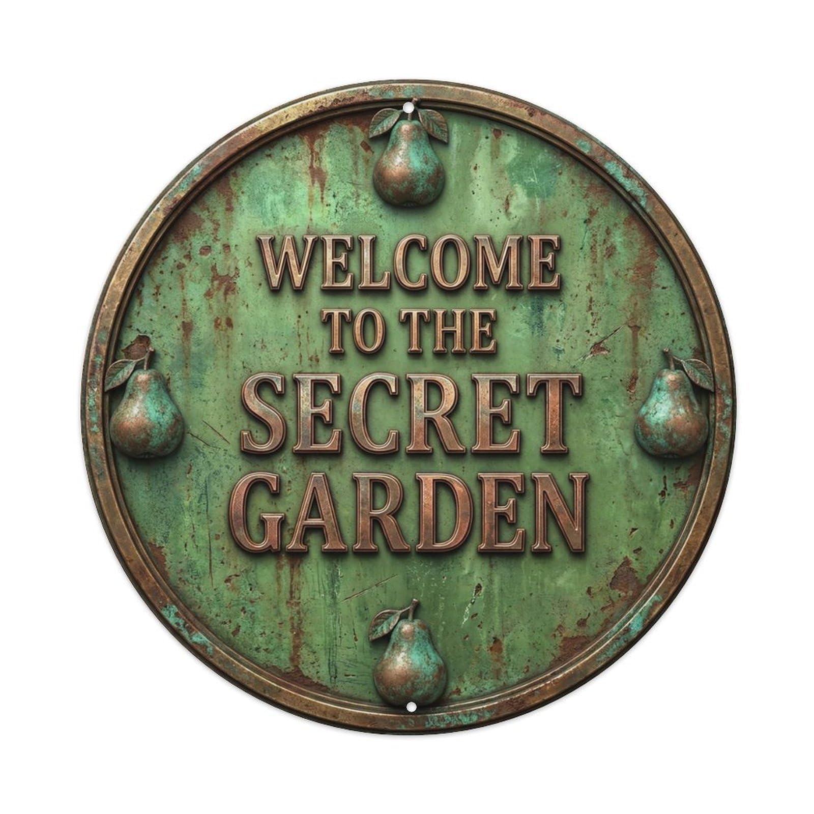 Vintage Welcome Secret Garden Bronze Pear Cottage Metal Tin Sign