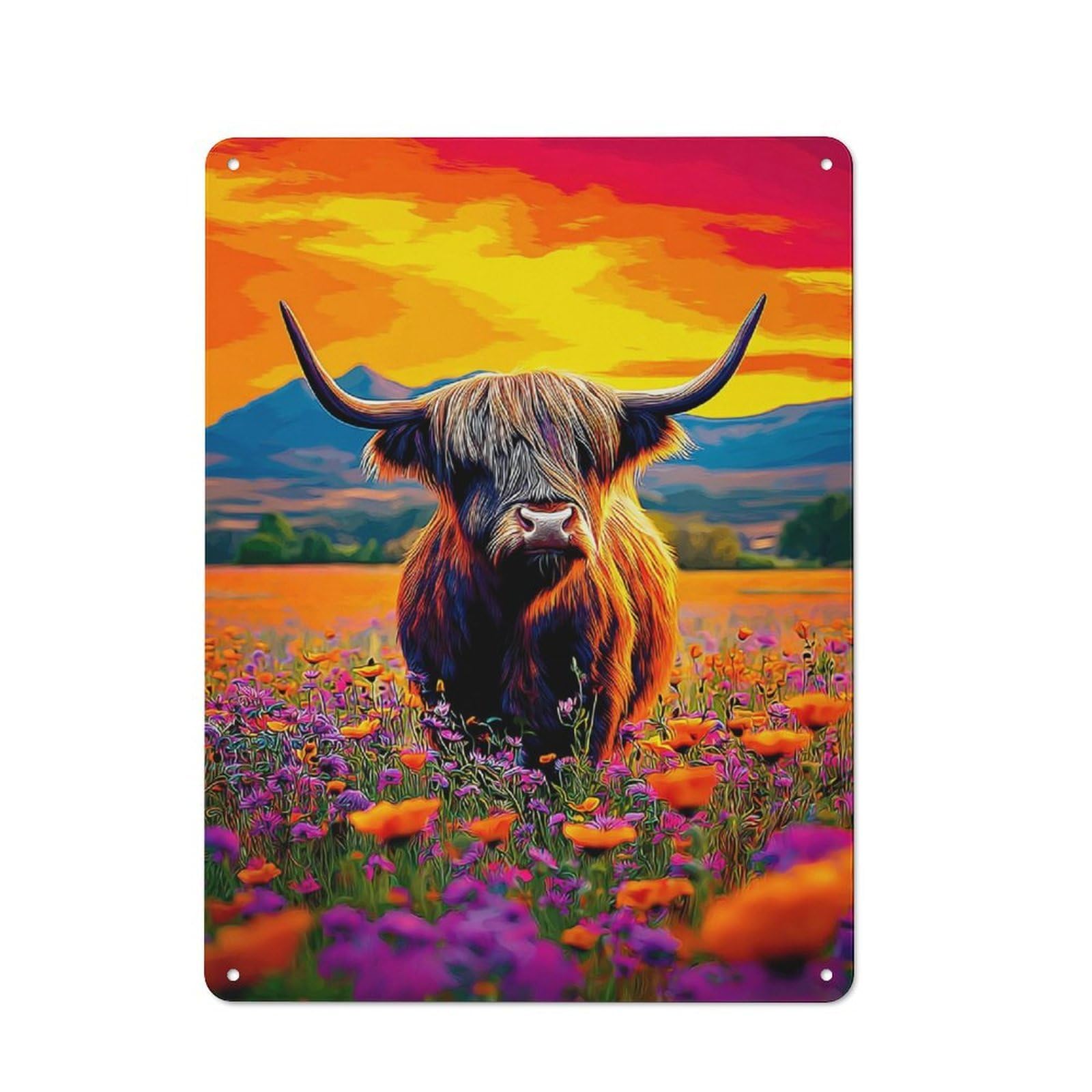 Junmoney Highland Cow In A Field Of Flowers Vintage Metal Gift Sign 40X30cm, Home Wall Decor For Bedroom, Kitchen, Office Or Living Room