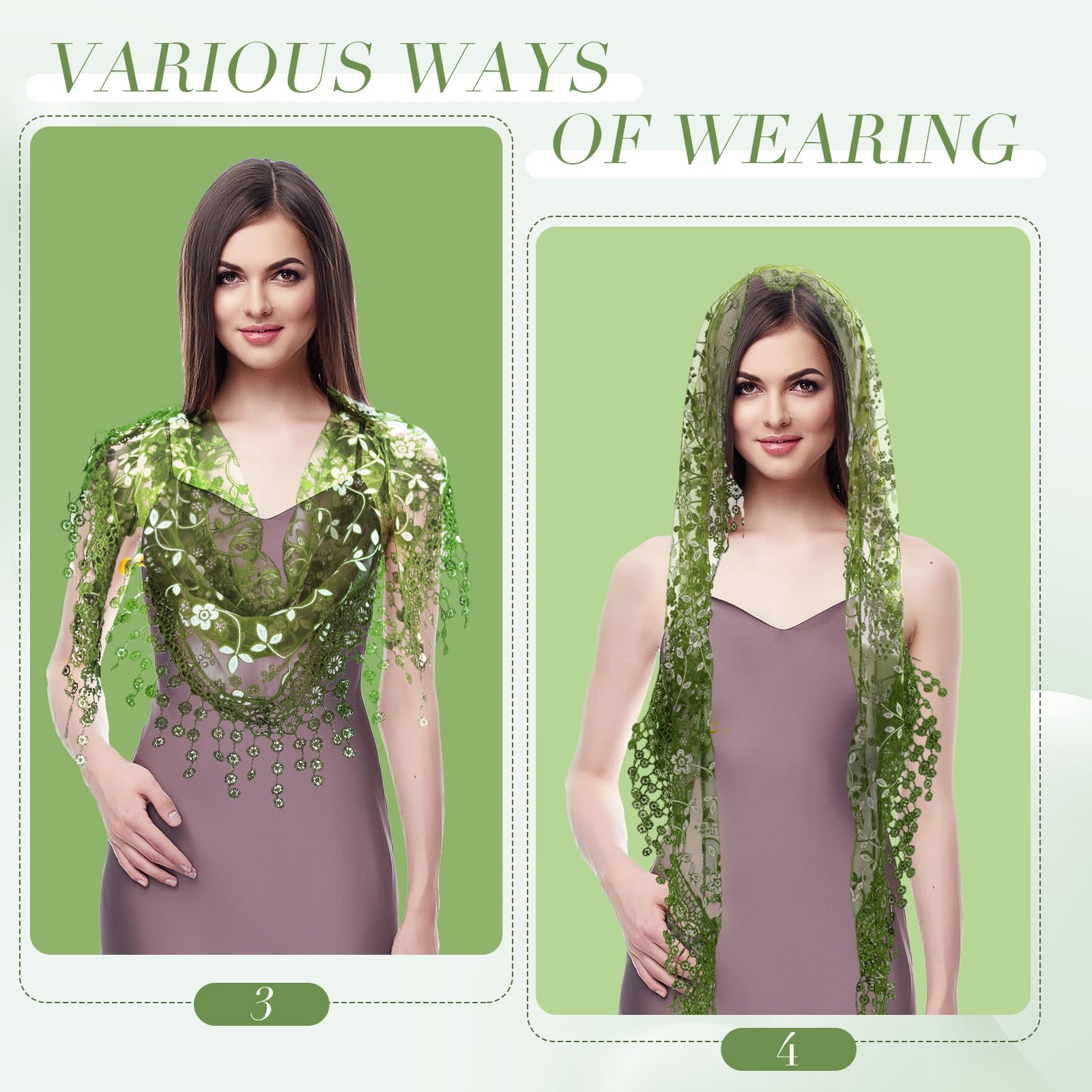 Bufanda de encaje para mujer, bufanda de encaje triangular, chal floral, bufanda de encaje para la cabeza, bufanda ligera de moda, bandana de encaje, Verde 3