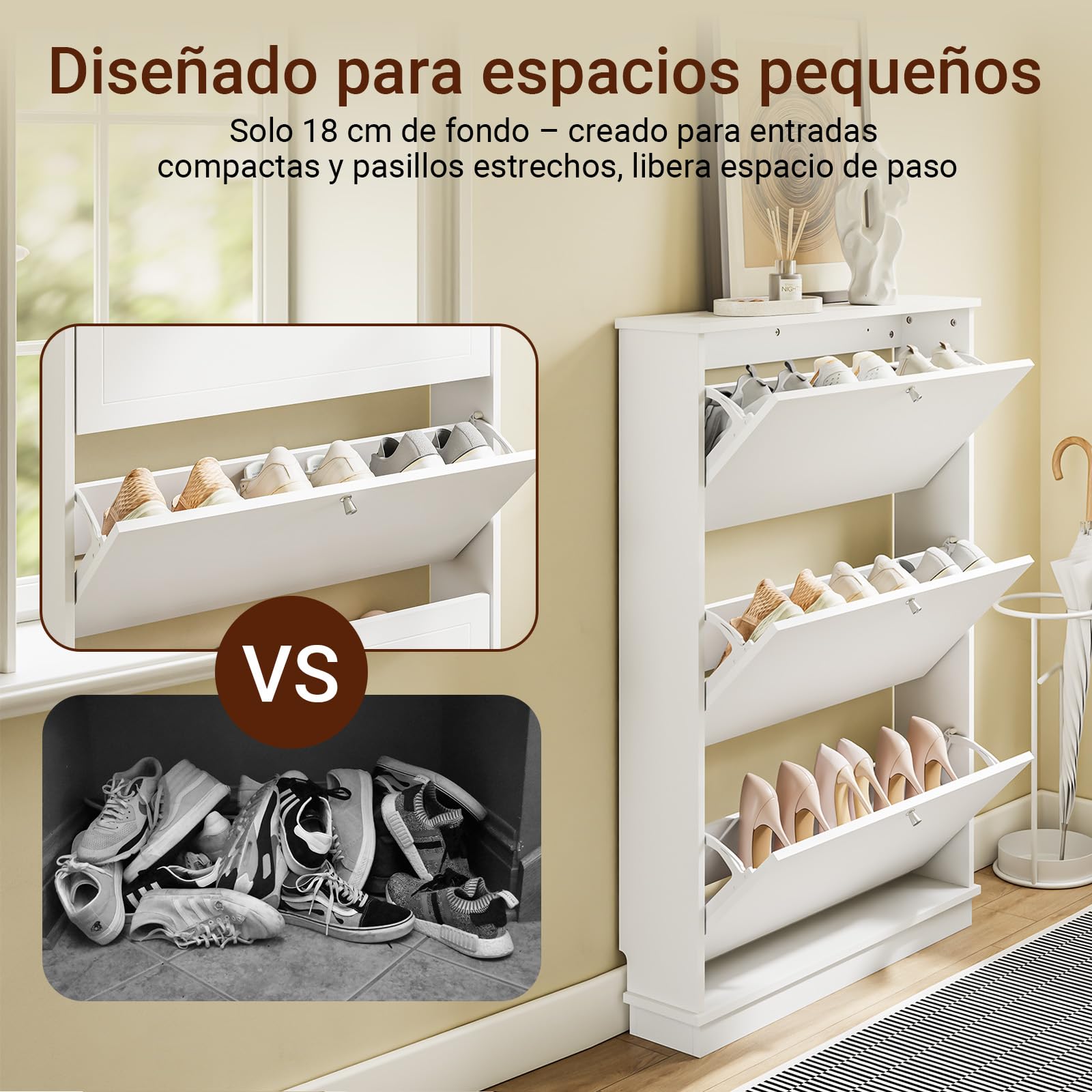 SoBuy Zapatero Entrada Recibidor - Diseño Estrecho 18 cm, Apto para Zapatos EU 47, Zapatero Madera para Entradas, Pasillos y Apartamentos Pequeños, Salvaspacio, 76 x 18 x 113 cm - FSR215-W