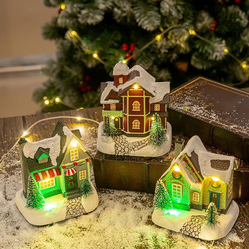 1PCS Christmas Village House with Figurines Christmas Village Sets with Snow Christmas Tree LED Light Christmas Resin Village House Accessories Desktop Ornament for Christmas Home Decorations A
