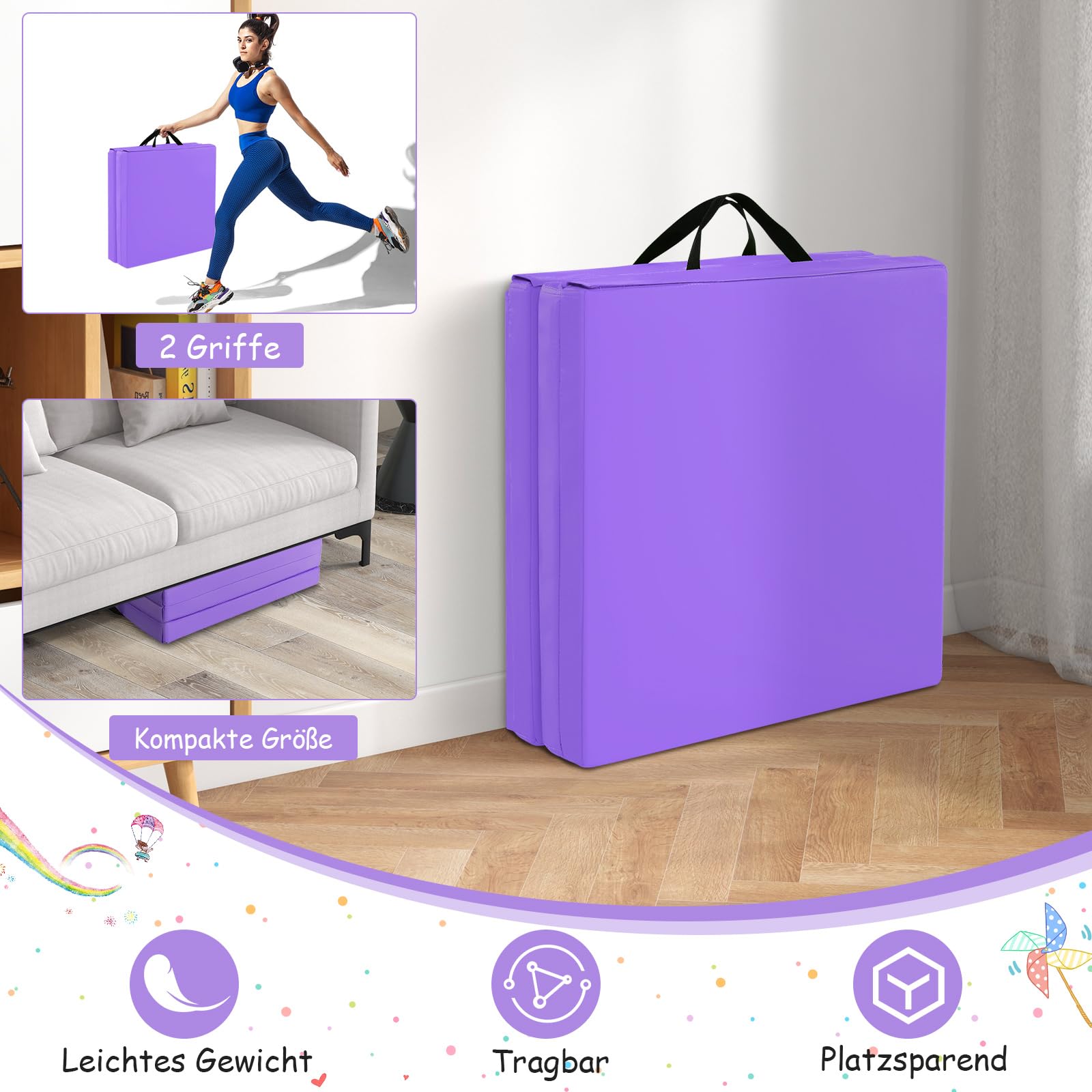 Tapis de Gymnastique Pliable COSTWAY-180 x 60 x 3,8 cm-2 Volet avec Poignée-Attache Auto-agrippante-Imperméable en Mousse PU-Violet - Sport Tapis de Gymnastique Pliable COSTWAY-180 x 60 x 3,8 cm-2 Volet avec Poignée-Attache Auto-agrippante-Imperméable en Mousse PU-Violet - Sport