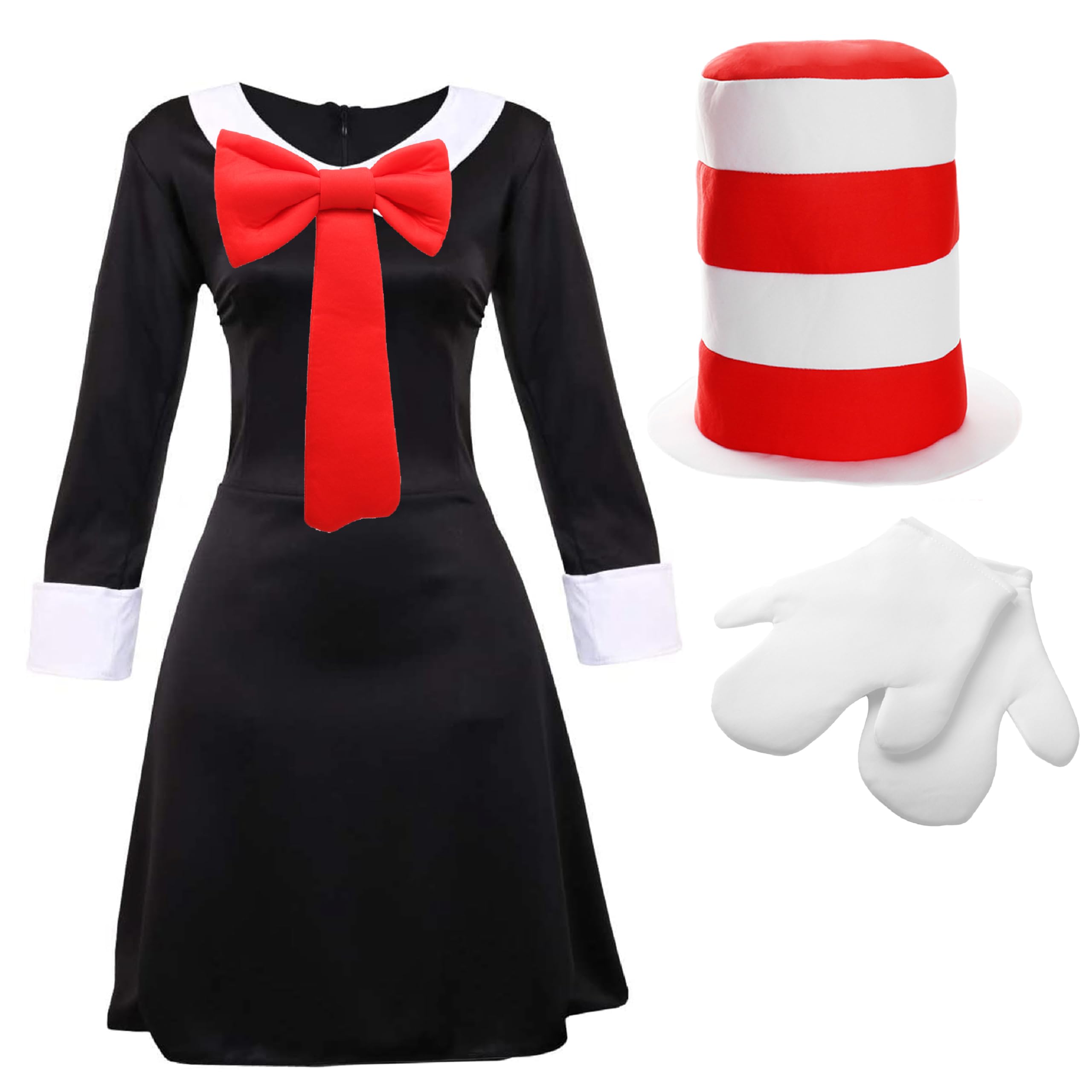 Ladies Crazy Cat Costume - XX-Large - Black and White Dress, Red Bowtie, Red and White Striped Hat, White Gloves - Adults World Book Day Book Week Fancy Dress Costume — image 1